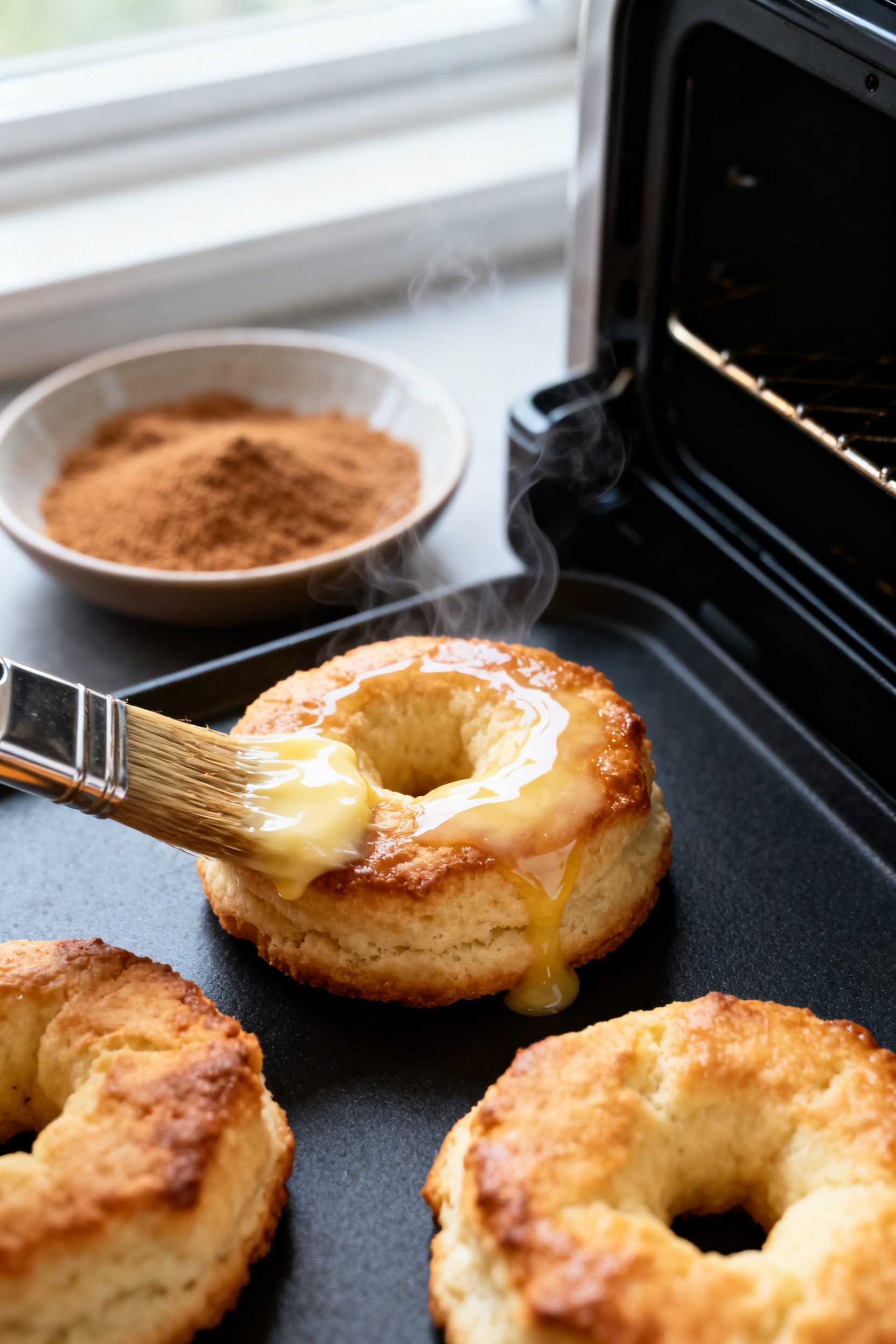 Close-up detail shot of freshly air-fried biscuit-dough donuts being brushed with melted butter righ