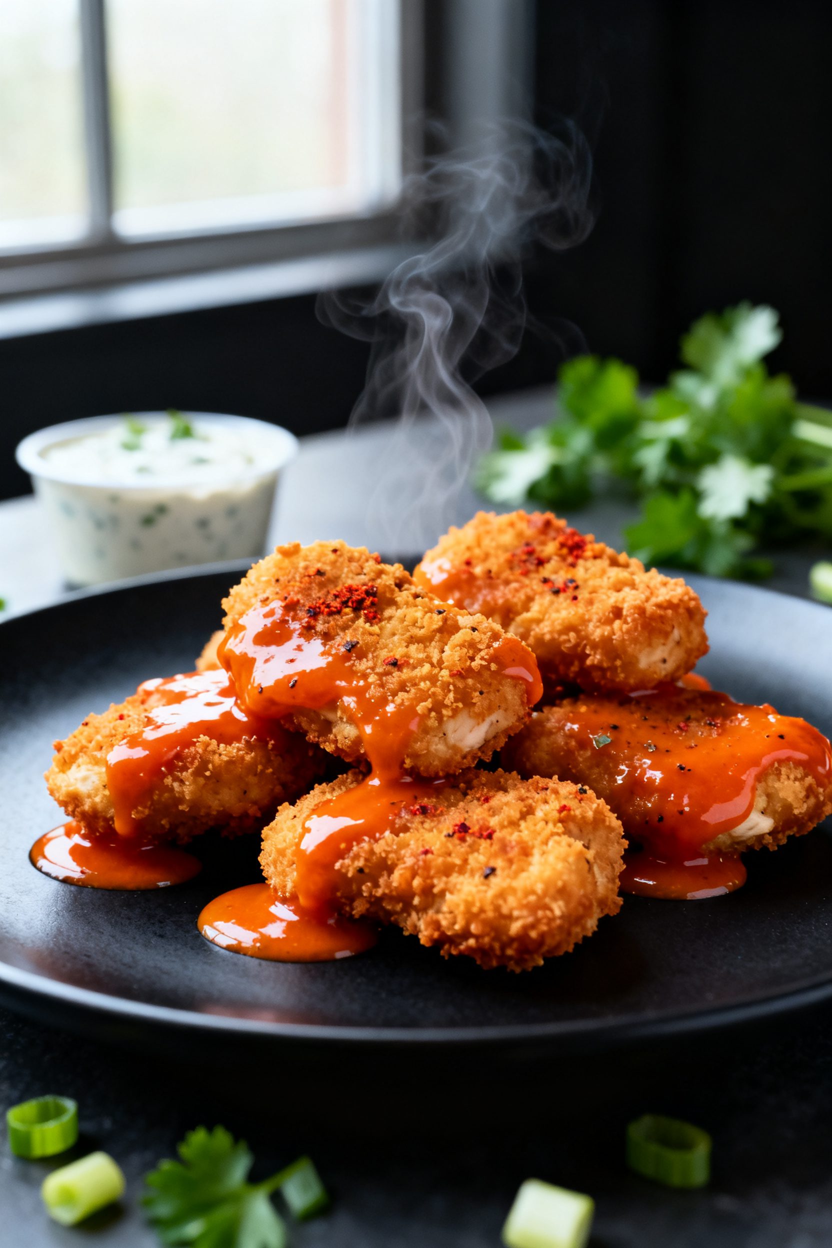 Close-up detail shot of freshly air-fried buffalo chicken nuggets just after tossing in warm buttere