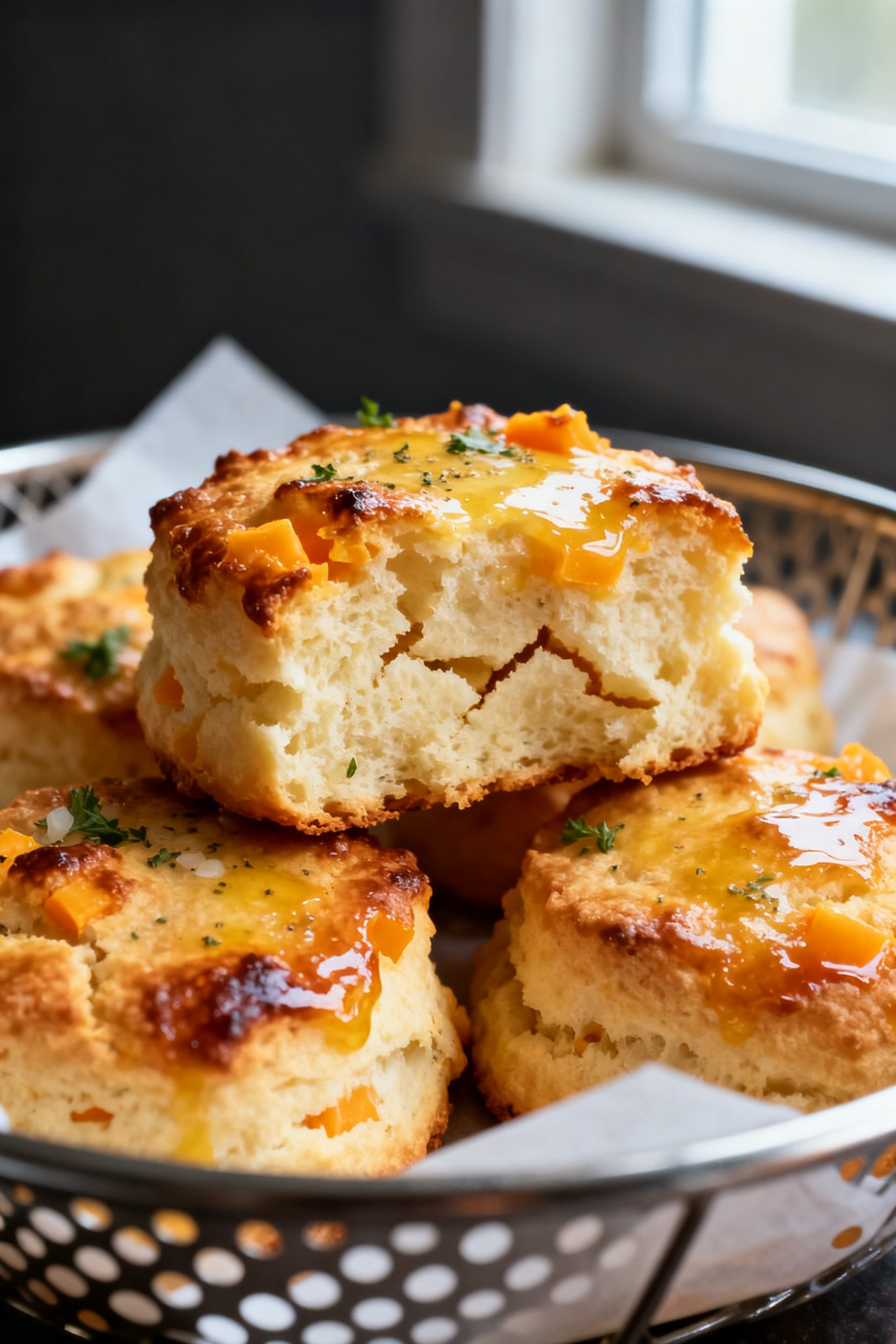 Close-up detail shot of freshly air-fried cheese biscuits just out of the basket at 375°F: crisp, d