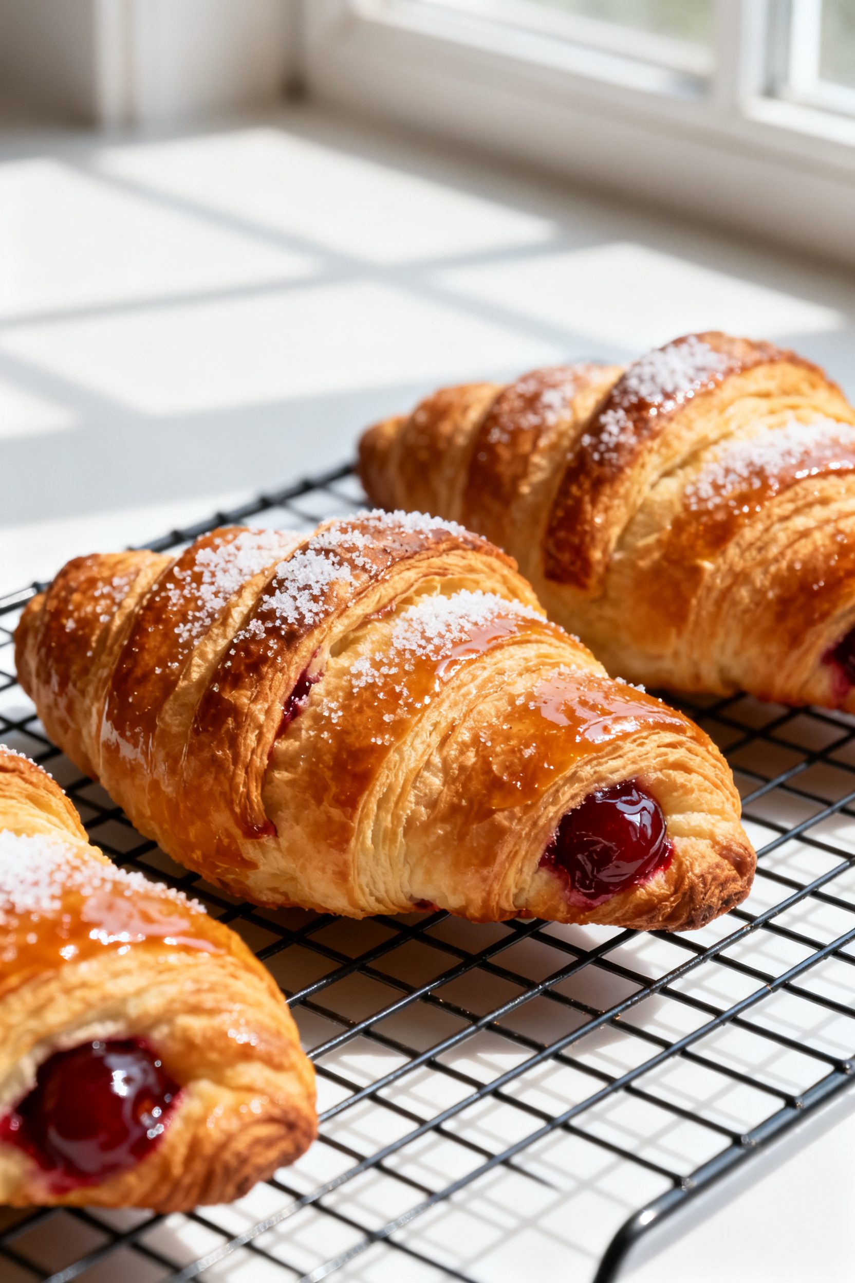 Close-up detail shot of freshly air-fried cherry croissants resting on a cooling rack, golden-brown 
