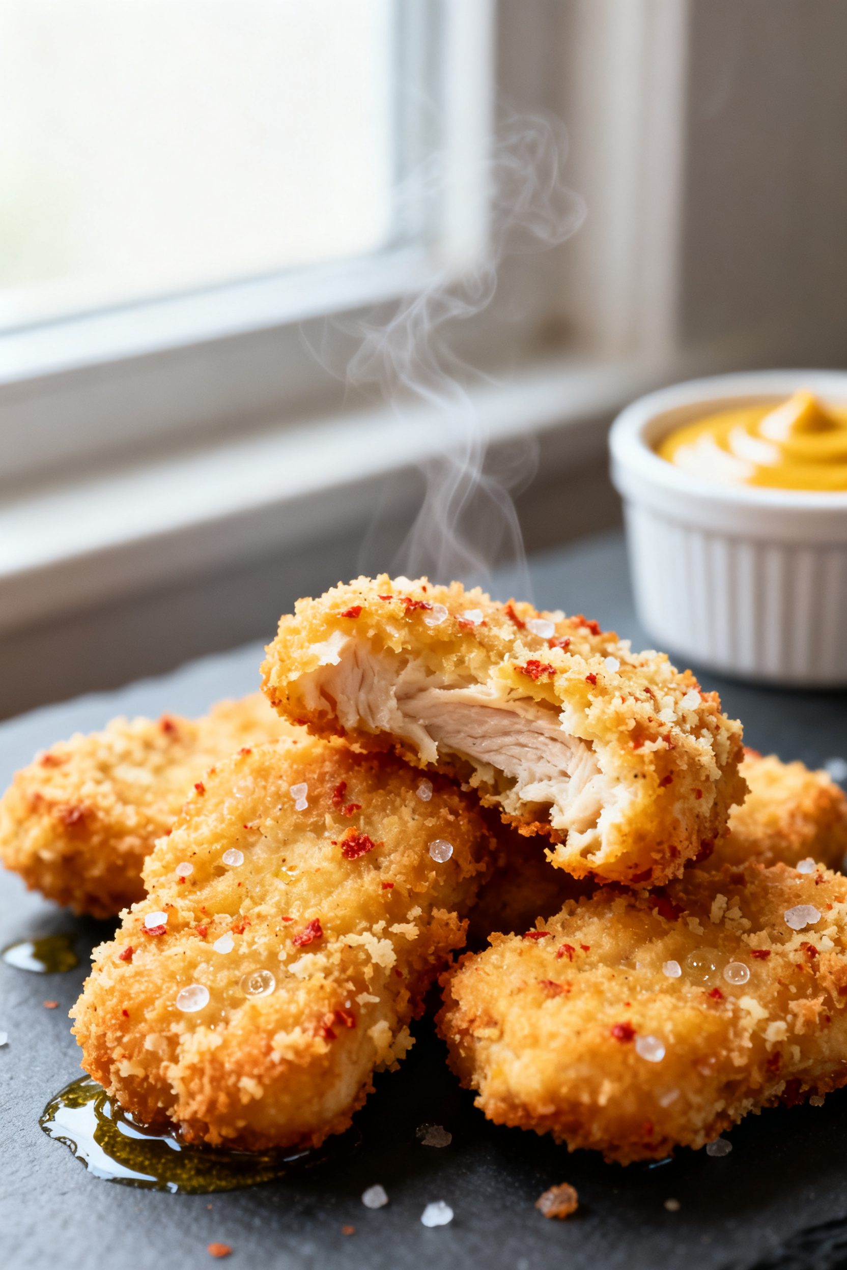 Close-up detail shot of freshly air-fried chicken nuggets just out of the basket: golden, craggy pan