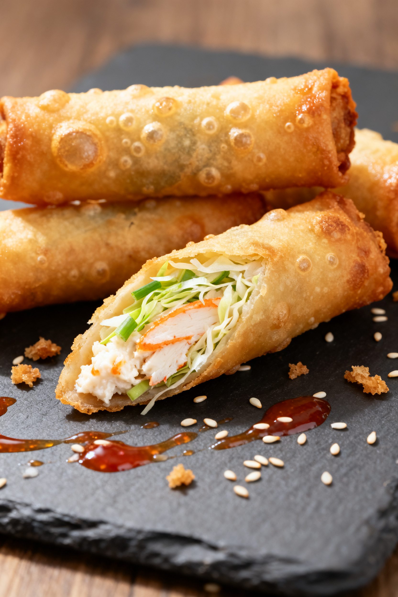 Close-up detail shot of freshly air-fried crab egg rolls just out of the basket, golden and blistere