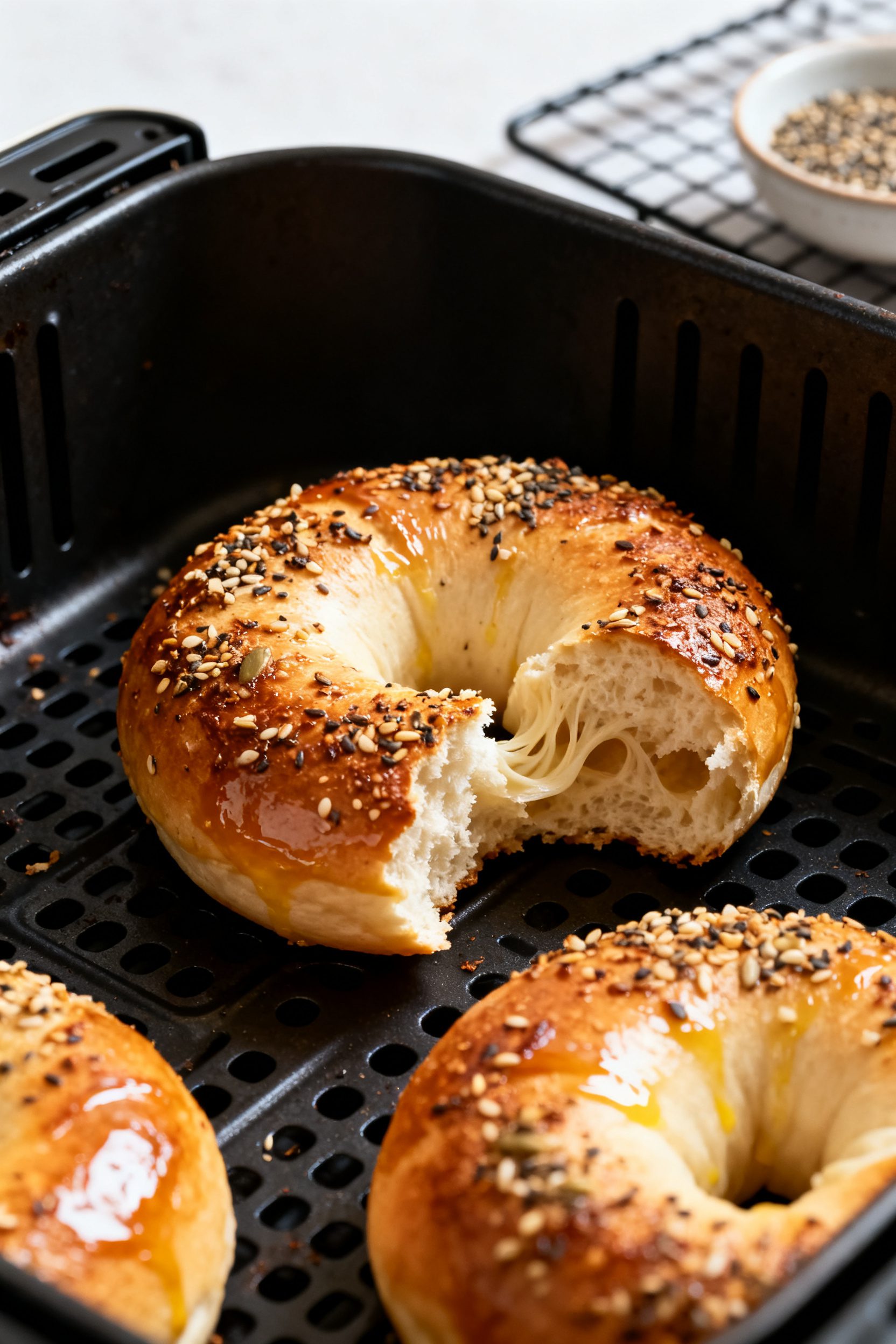 Close-up detail shot of freshly air-fried Greek yogurt bagels resting on a perforated air fryer line