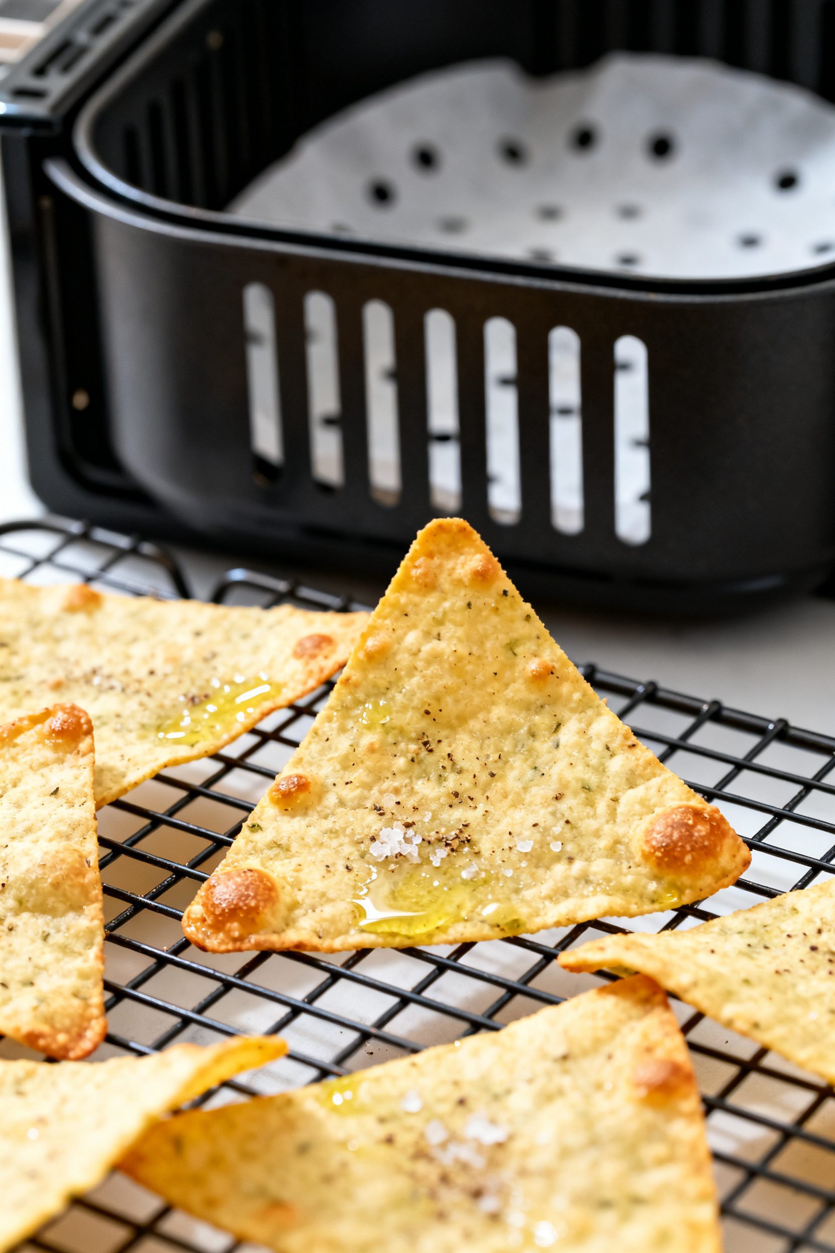 Close-up detail shot of freshly air-fried zero-carb tortilla chips cooling on a wire rack, golden ed