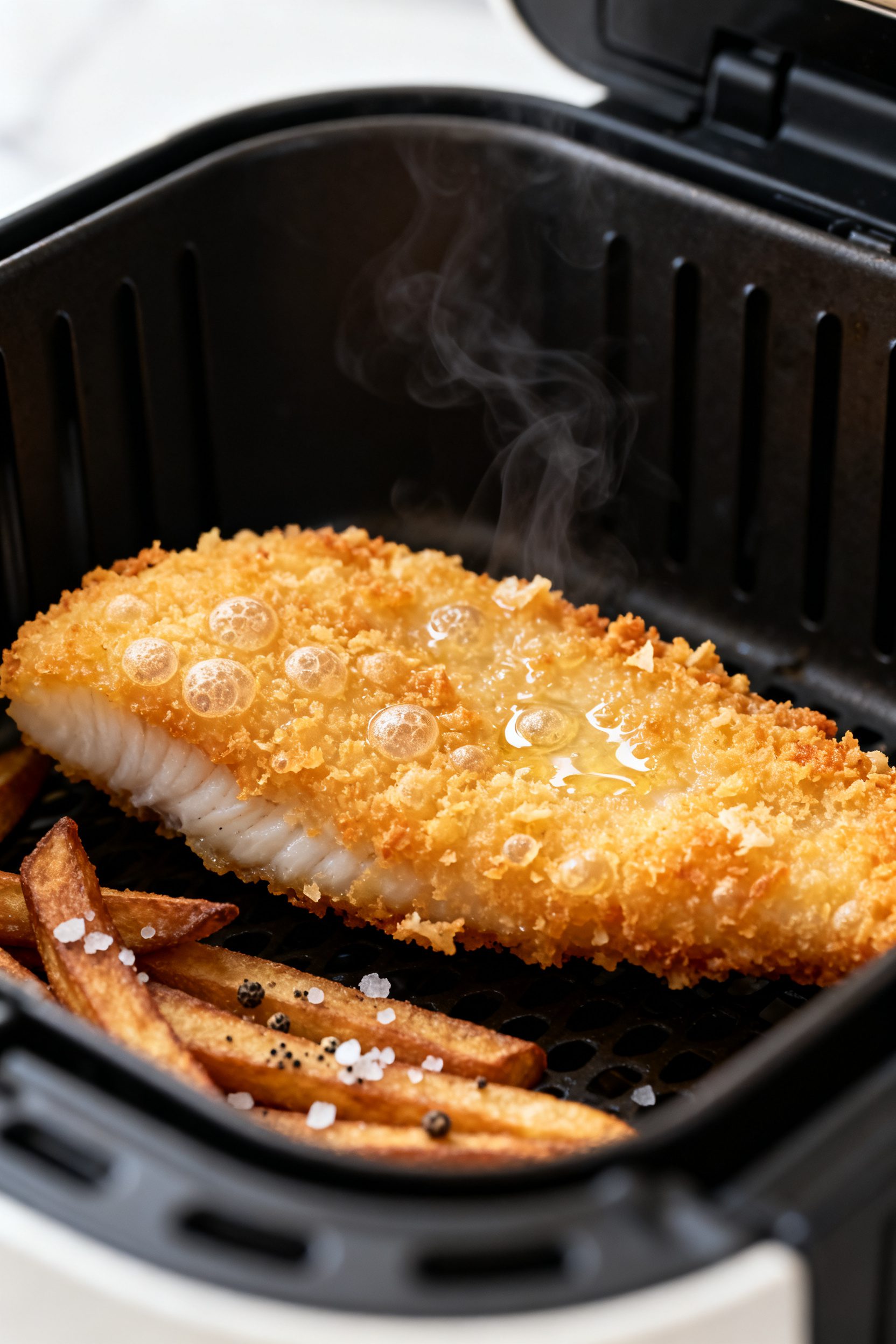Close-up detail shot of golden, air-fried breaded cod fillet just after flipping, sitting in an open