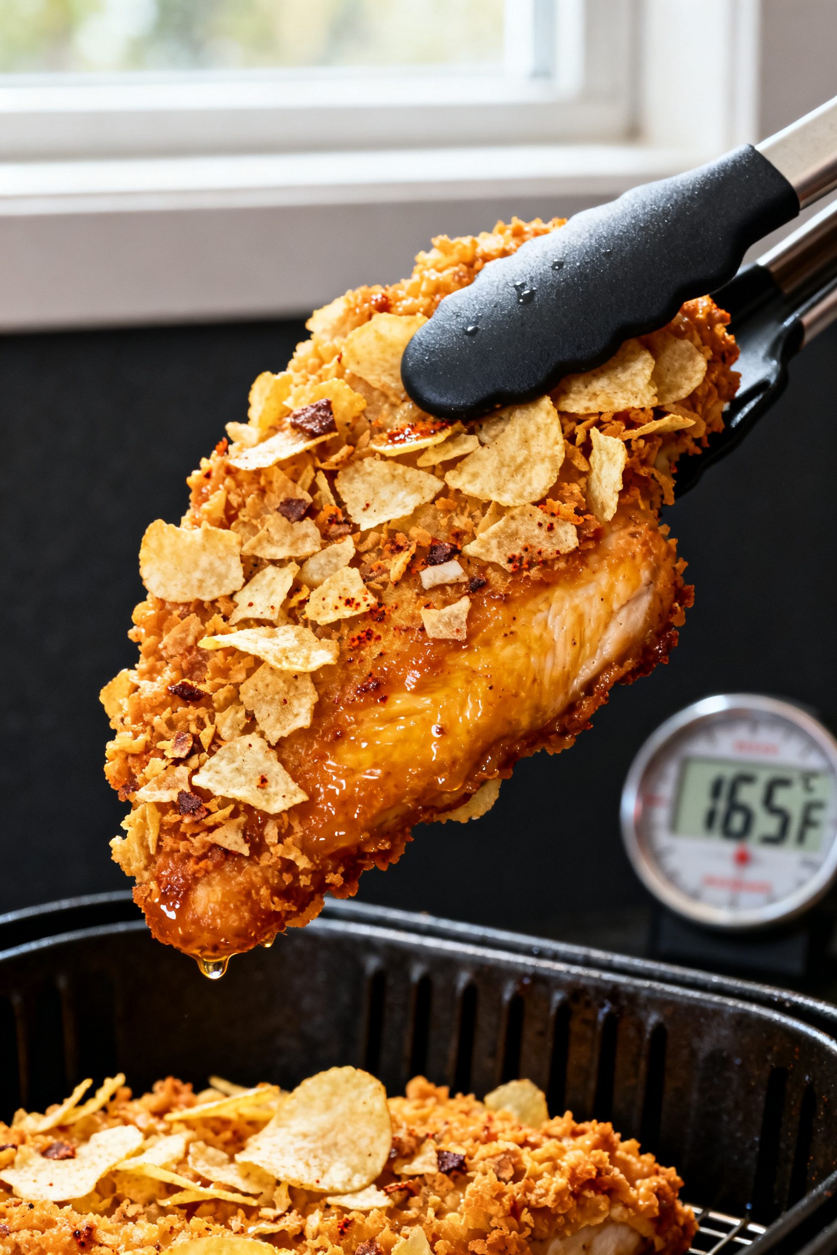 Close-up detail shot of golden, air-fried potato chip–crusted chicken cutlet just out of the baske