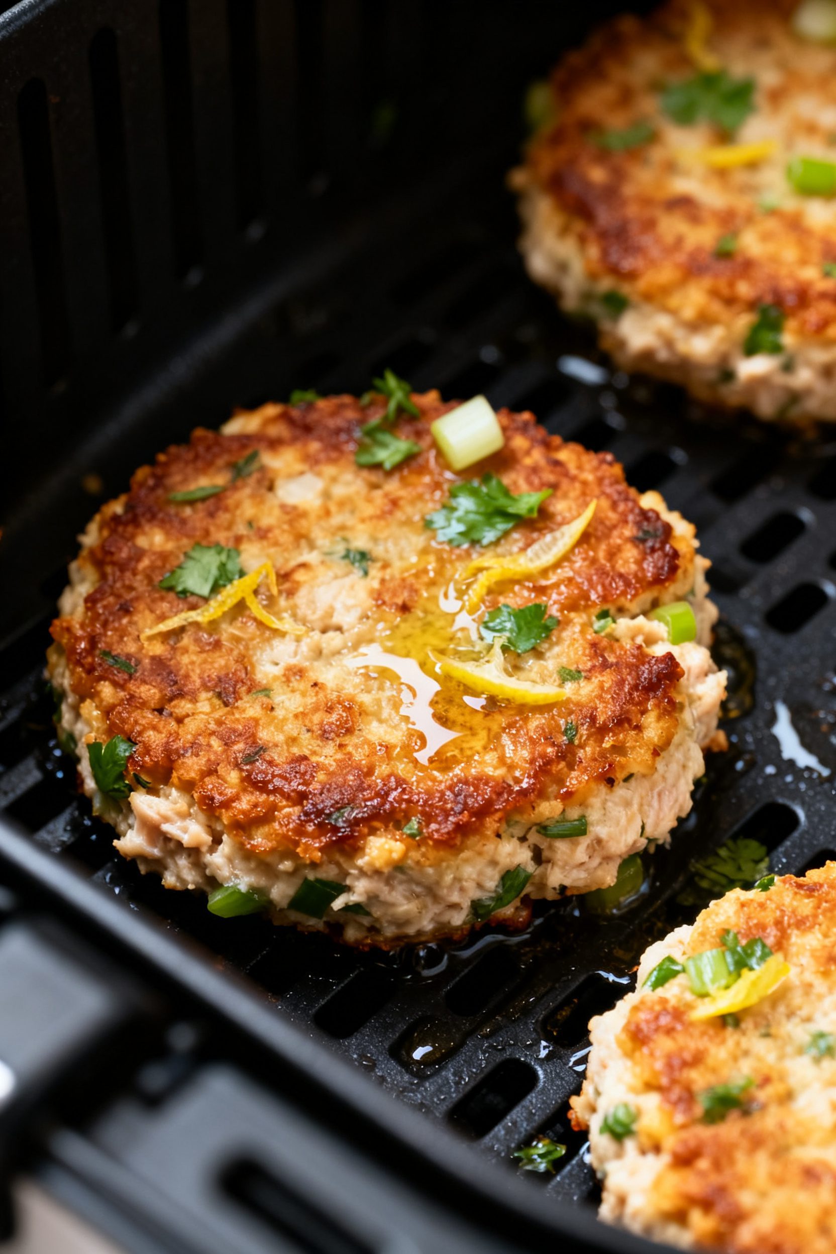 Close-up detail shot of golden-brown air-fried keto tuna patties just after flipping in the air frye