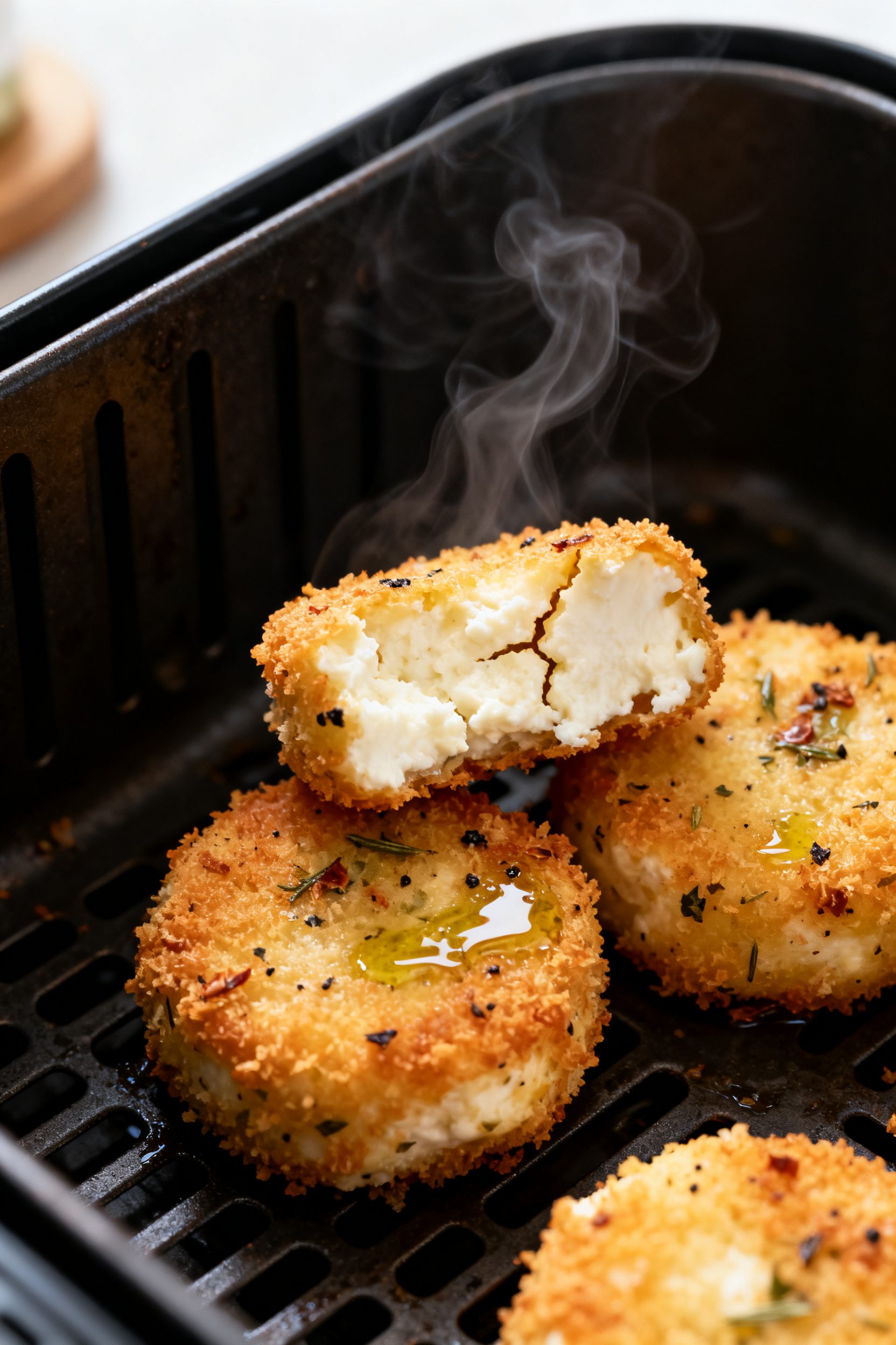 Close-up detail shot of golden-brown cottage cheese bites just out of the air fryer basket, steam ri