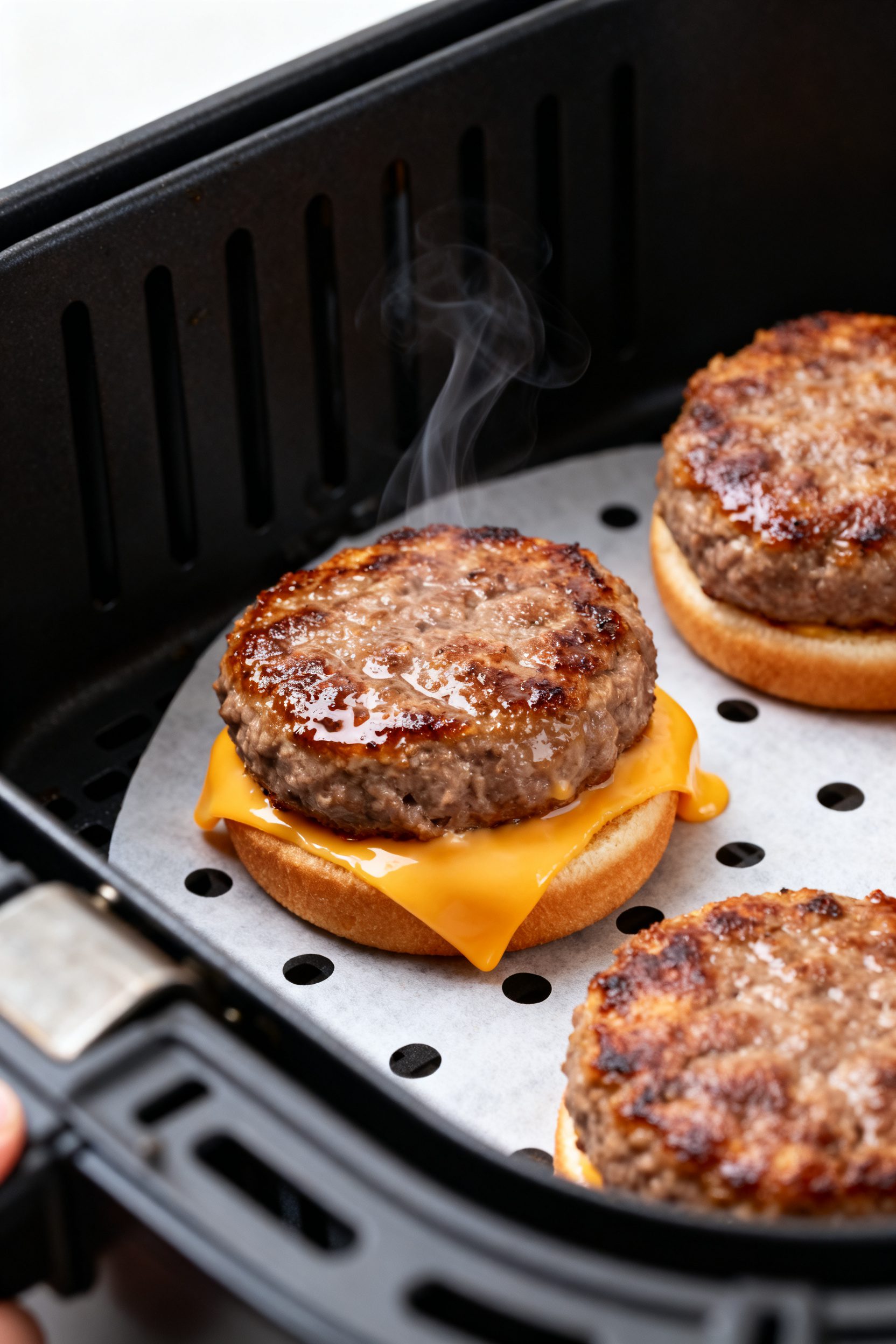 Close-up detail shot of mini beef slider patties just finished in the air fryer basket: golden-brown