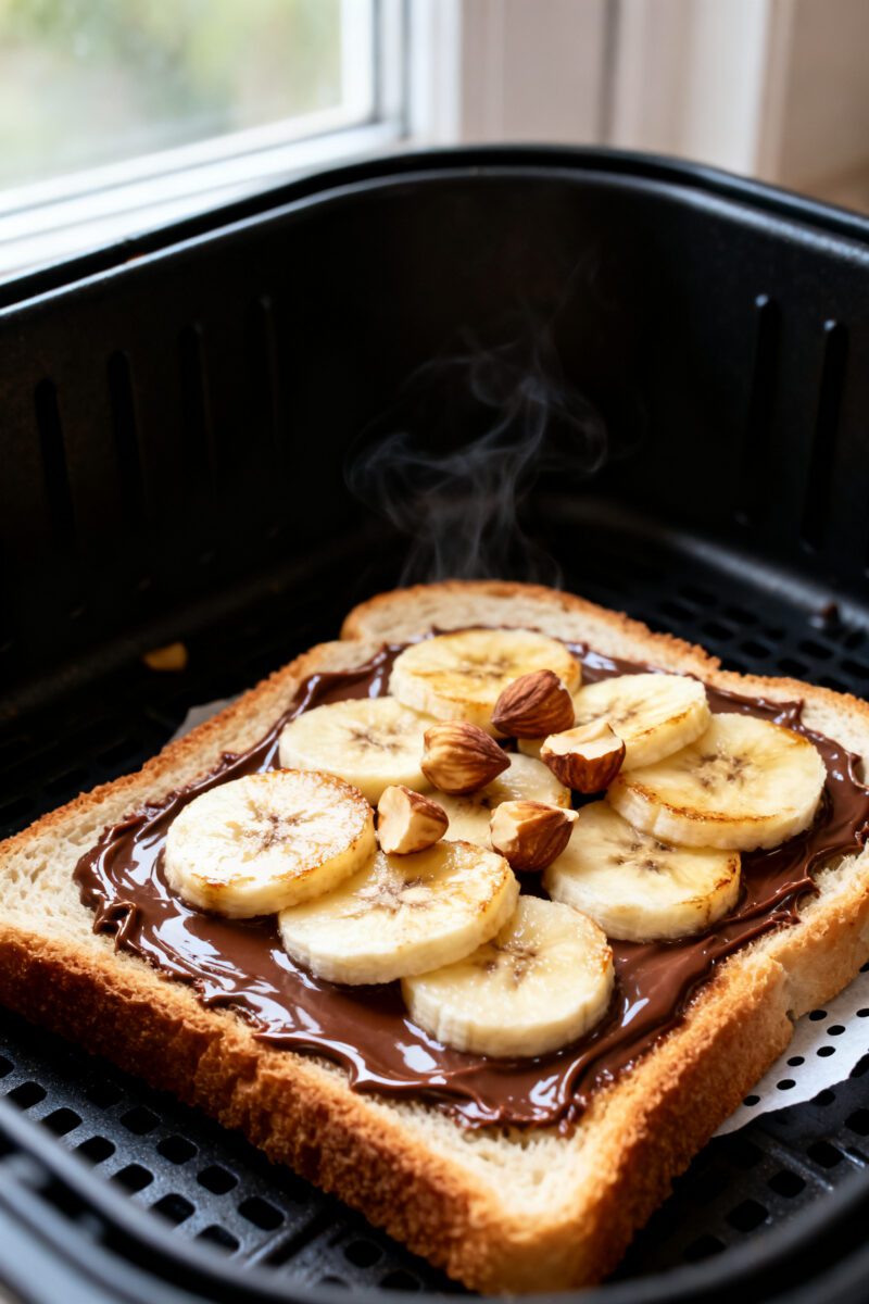 Close-up detail shot: Open-faced Nutella toast just out of the air fryer basket at 350°F, edges per