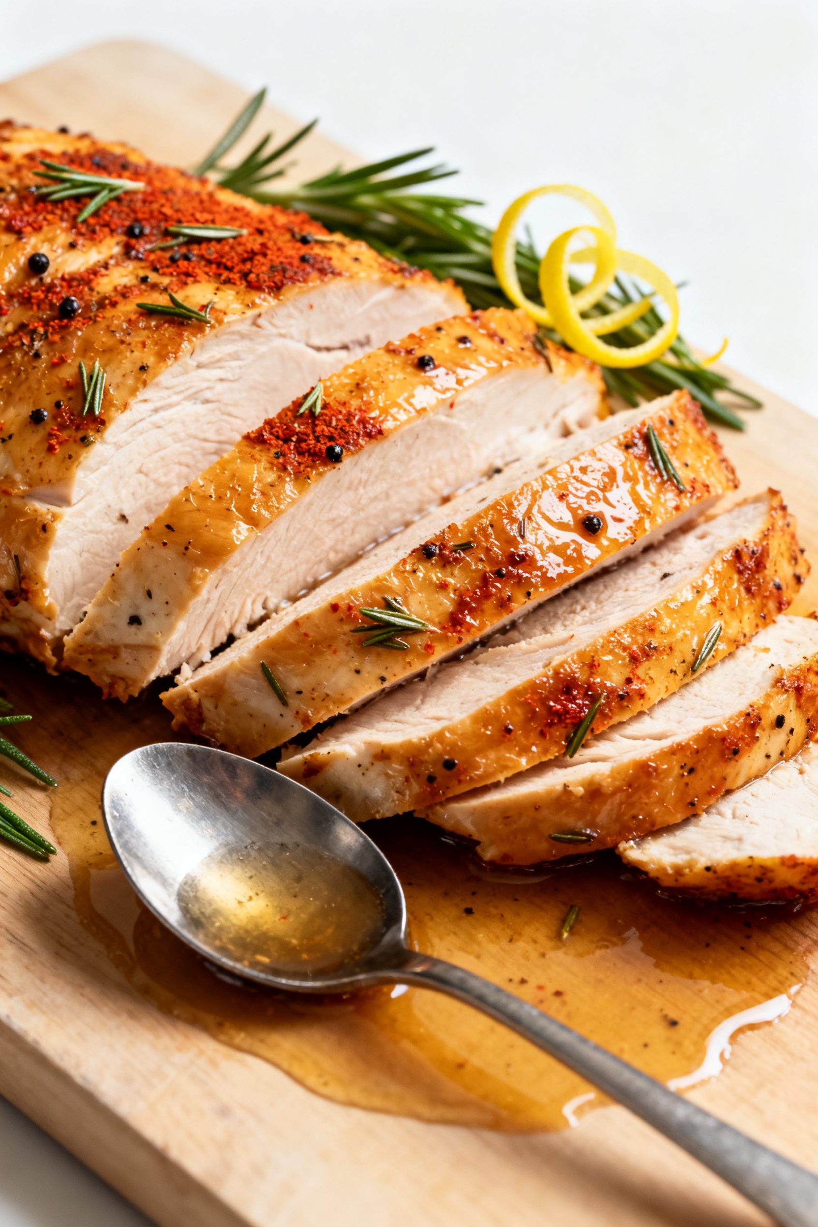 Close-up detail shot: Sliced air-fried turkey breast fanned on a cutting board, showing juicy, glist