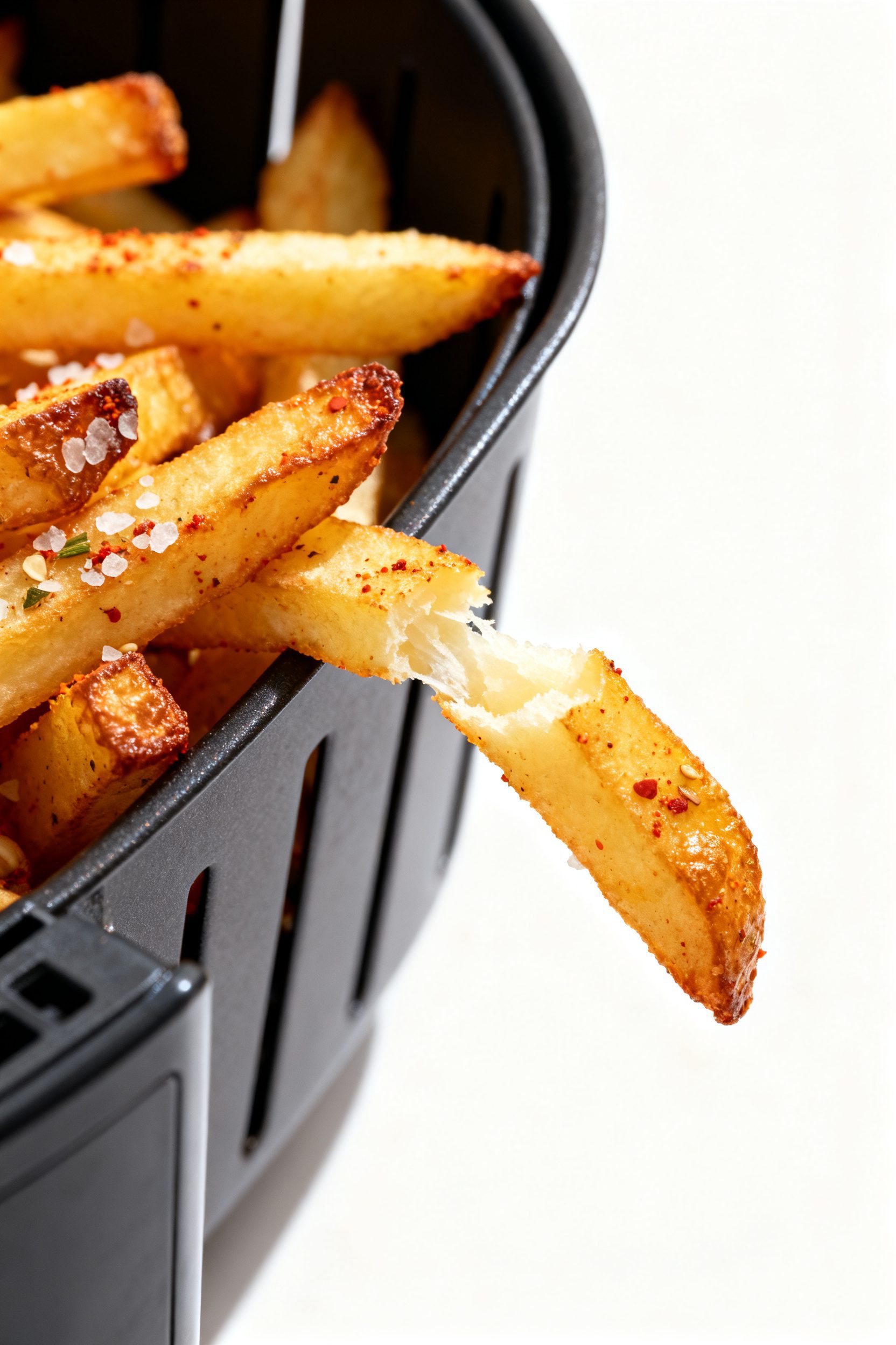 Close-up detail shot: Ultra-crispy air-fried French fries just after cooking, golden and blistered e