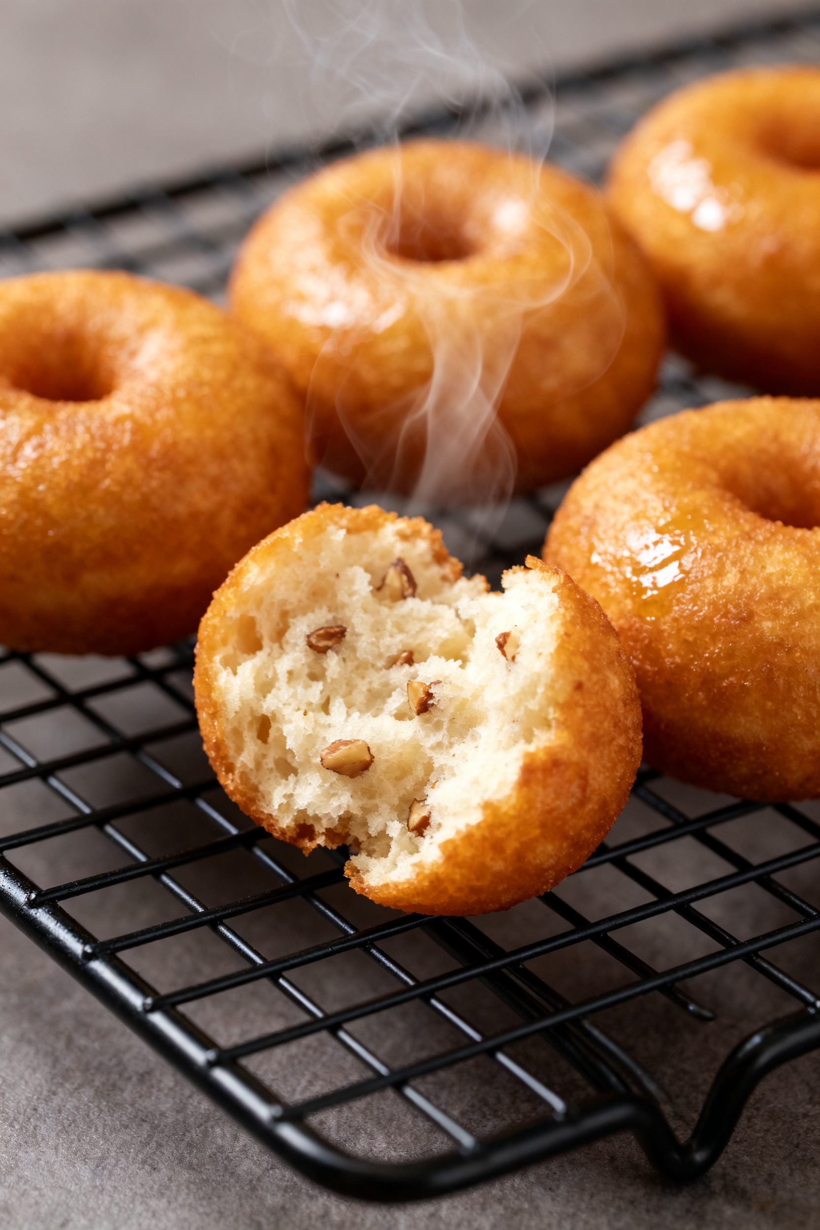 Close-up detail shot: Warm air-fried donut balls just out of the basket at 350°F, golden-brown and 