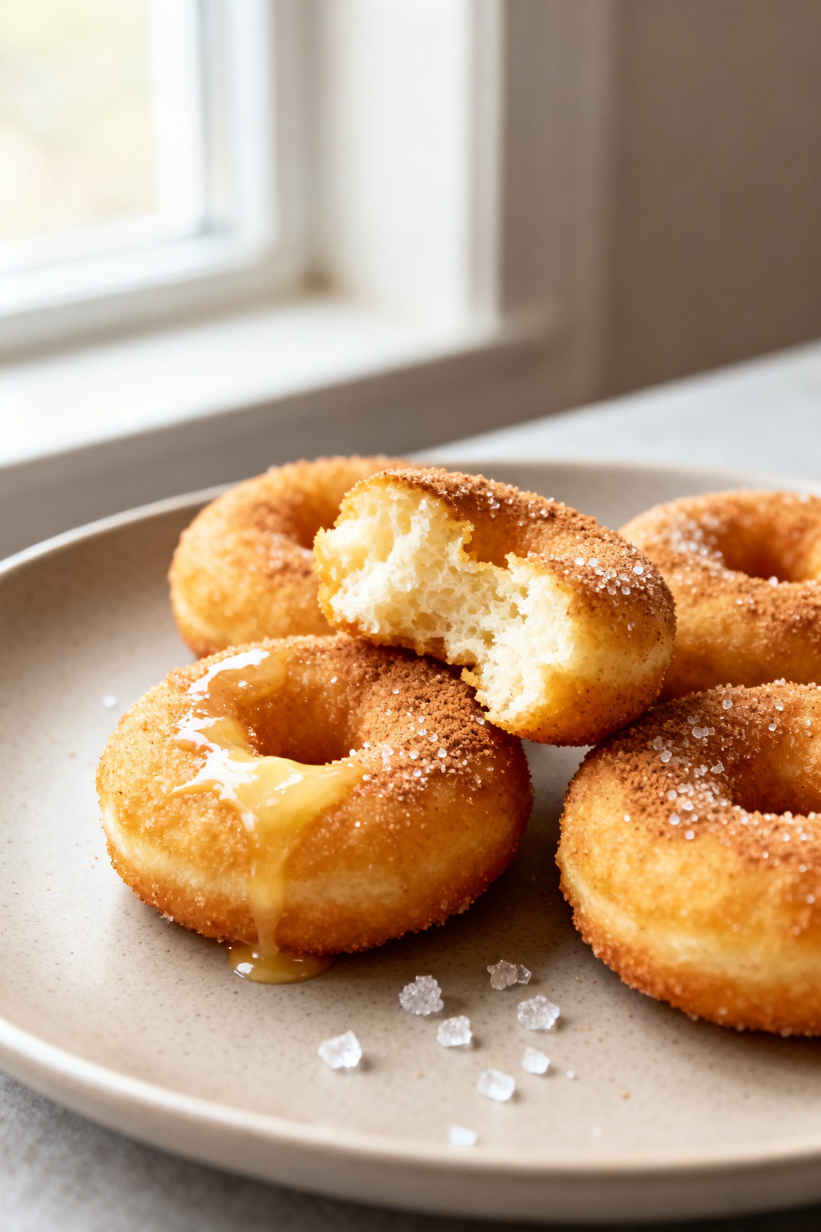 Close-up detail shot: Warm air-fried mini donuts just out of the basket, lightly golden with a delic