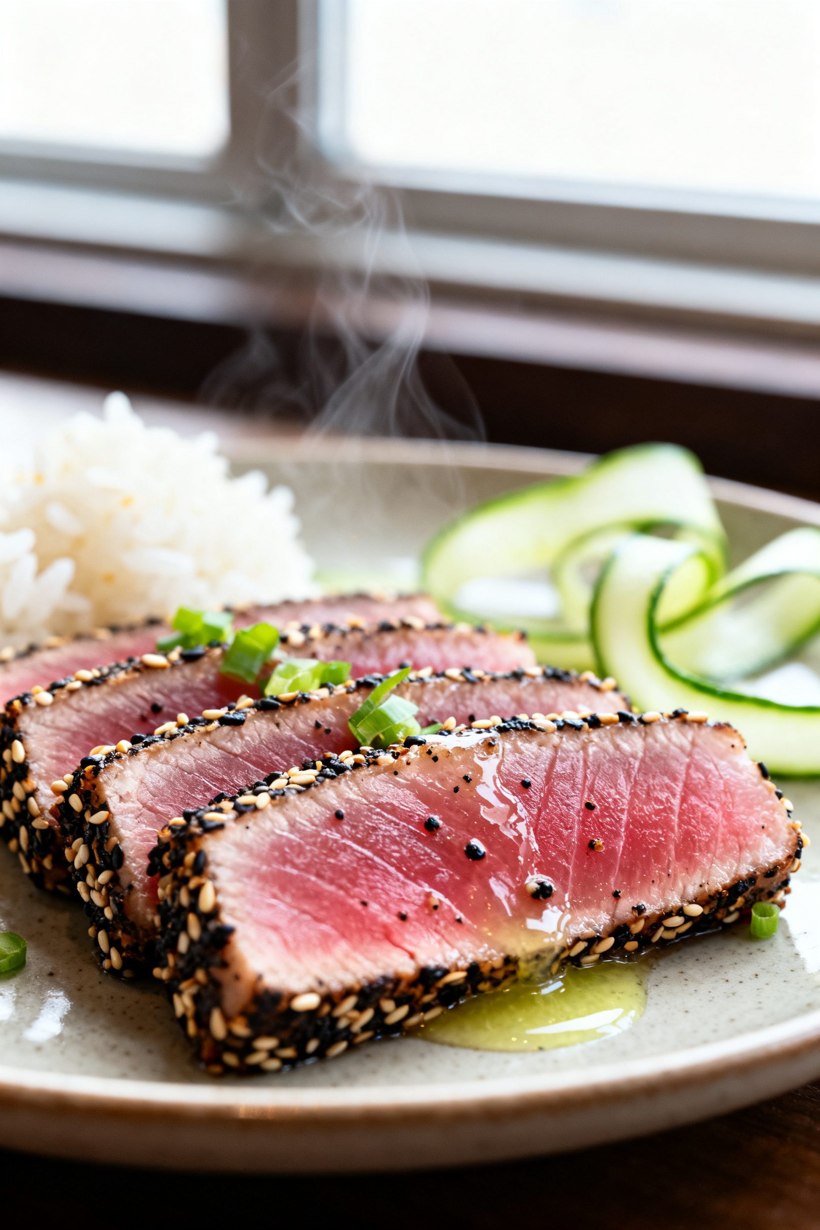 Close-up detail: Sliced air-fried ahi tuna steak showing a deep sesame-seed crust and a perfectly me
