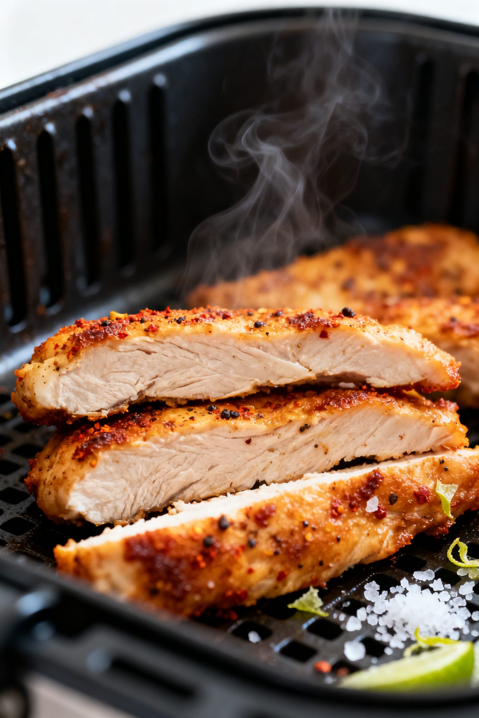 Close-up detail: Sliced air-fried chicken strips just out of the basket, edges crisp and golden with