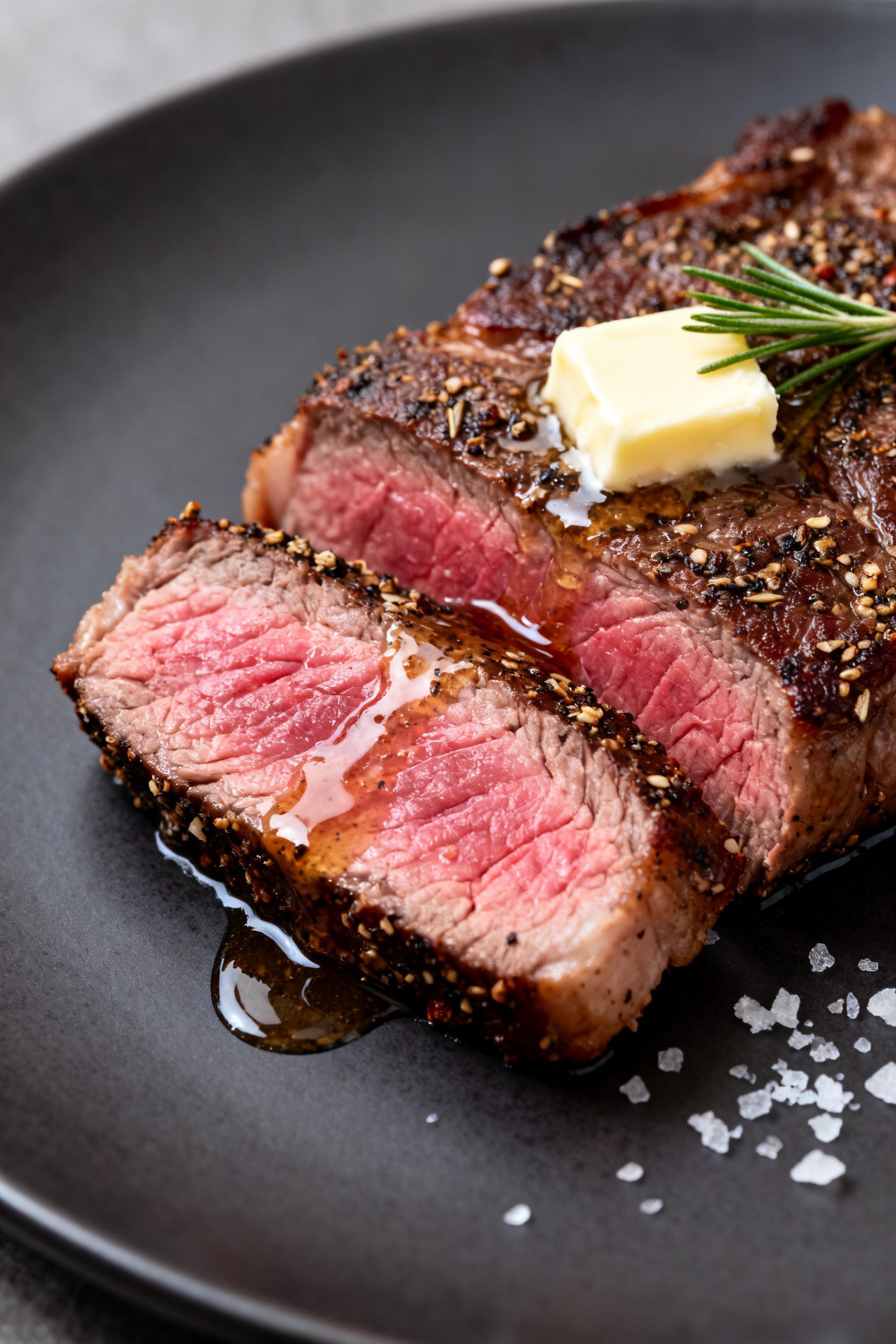 Close-up detail: Sliced air-fried fillet steak, medium-rare with a blushing pink center and well-ren
