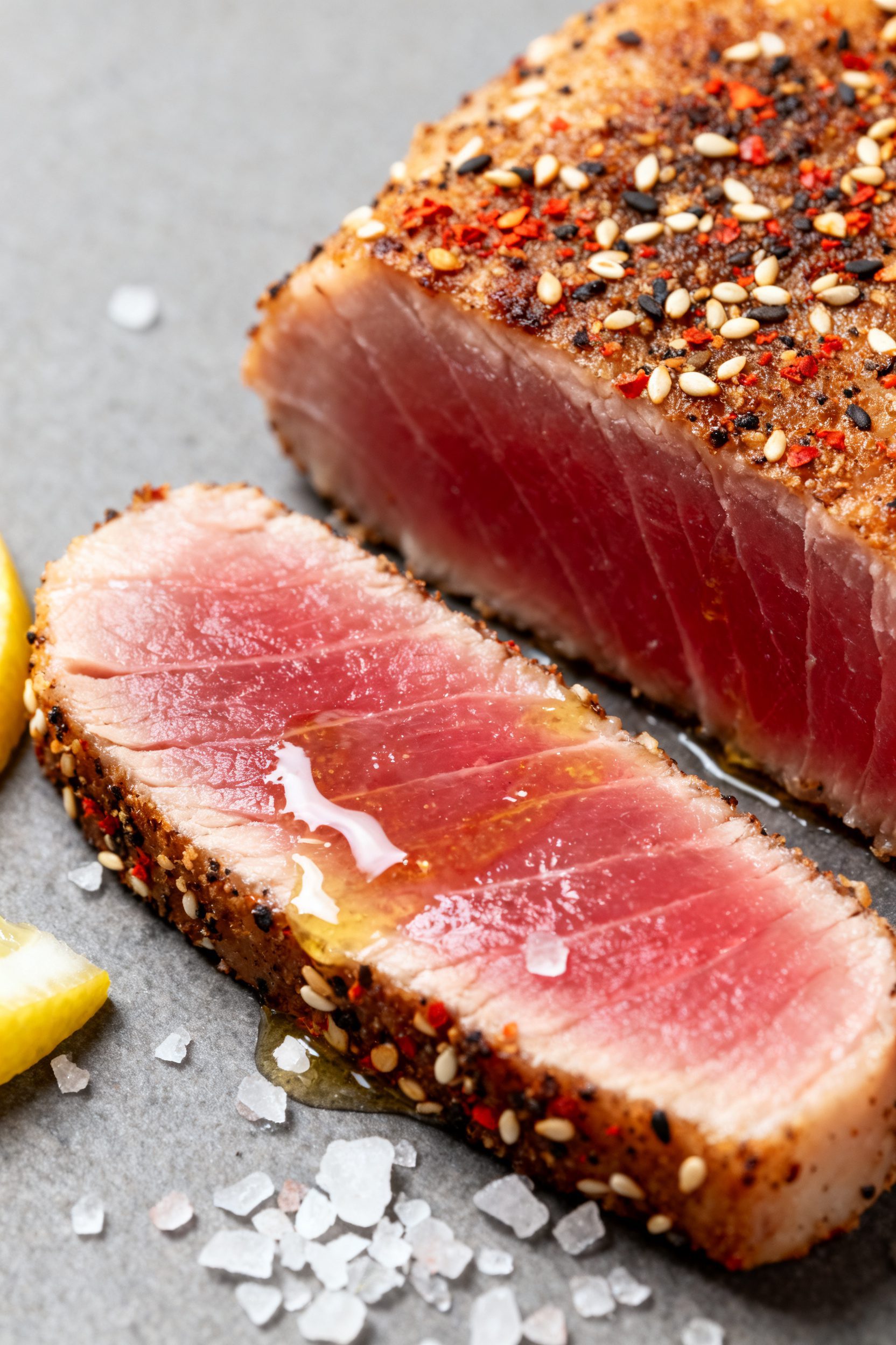 Close-up detail: Sliced air-fried tuna steak cooked medium-rare showing a peppery, lightly crisp cru