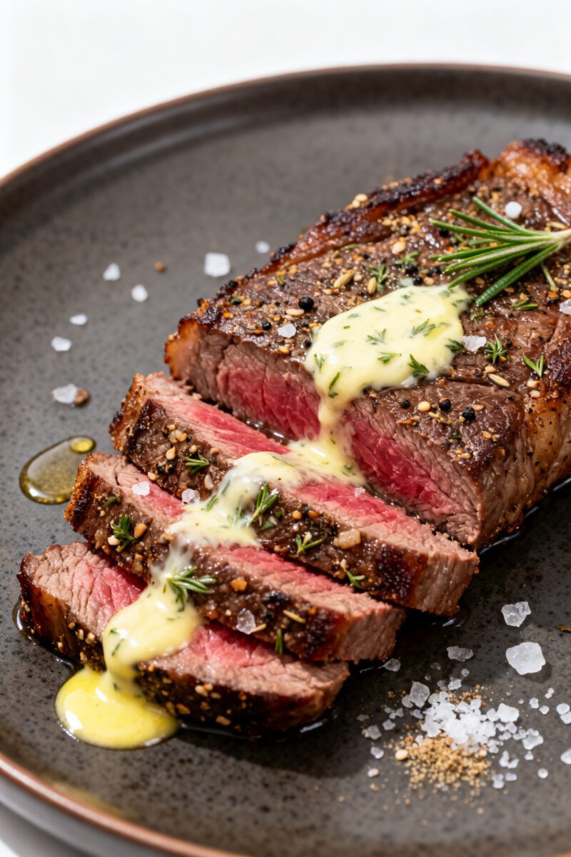 Close-up detail: Sliced medium-rare air fryer venison steak resting on a warm plate, juices glisteni