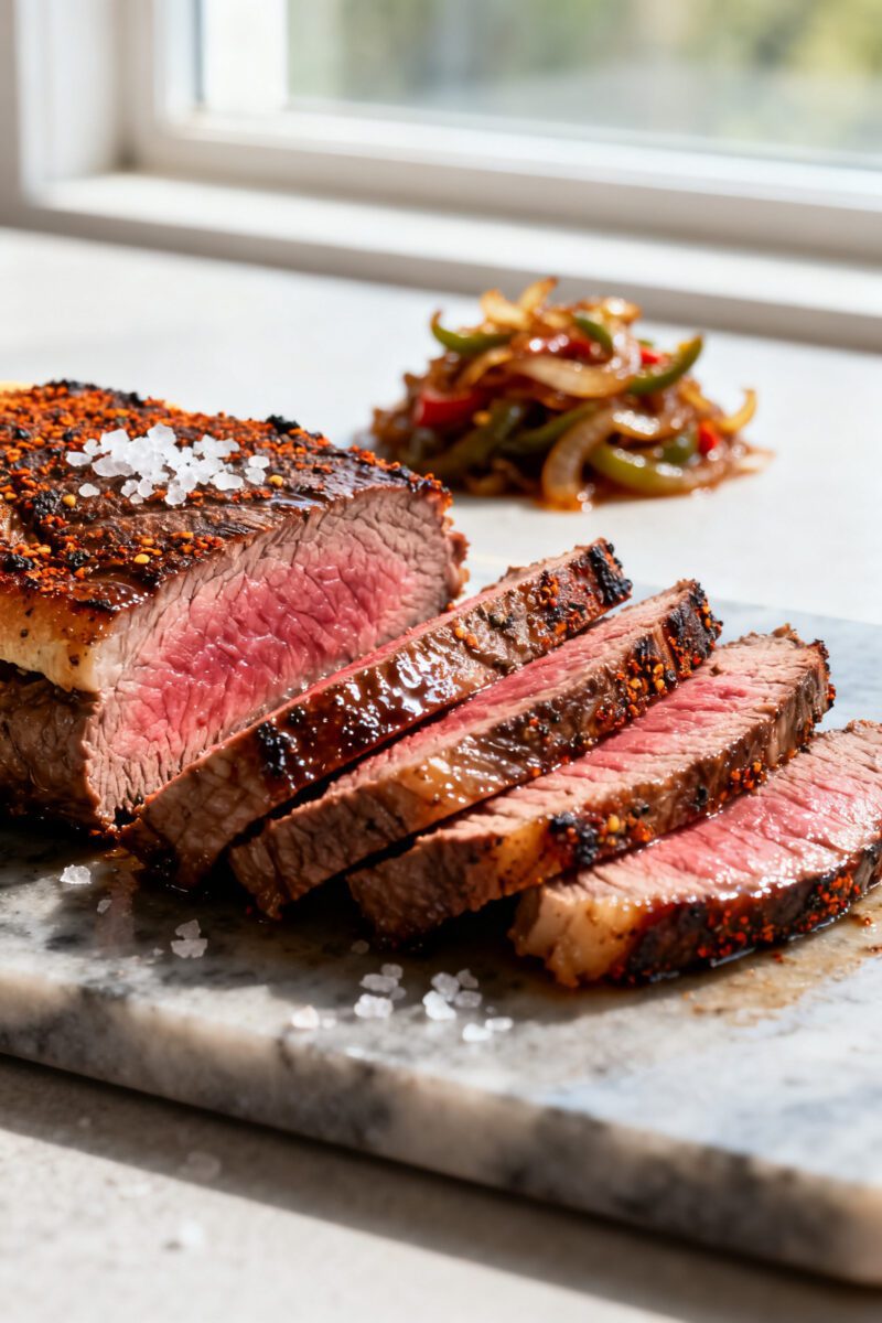 Close-up detail: Sliced medium-rare ribeye for an air fryer steak sandwich, glistening juices and ro
