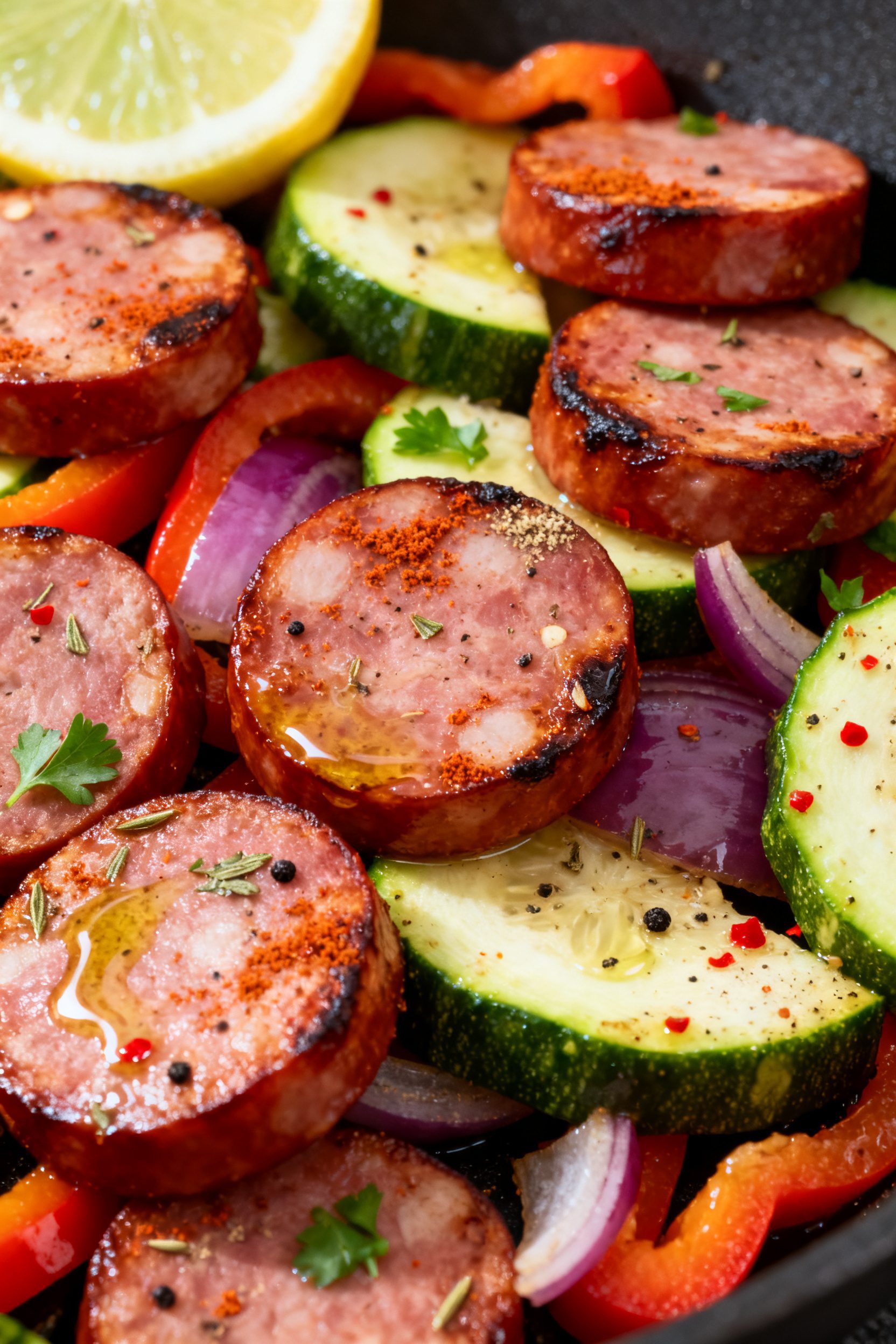 Close-up detail: Sliced smoked sausage coins and tender-crisp zucchini, bell peppers, and red onion 