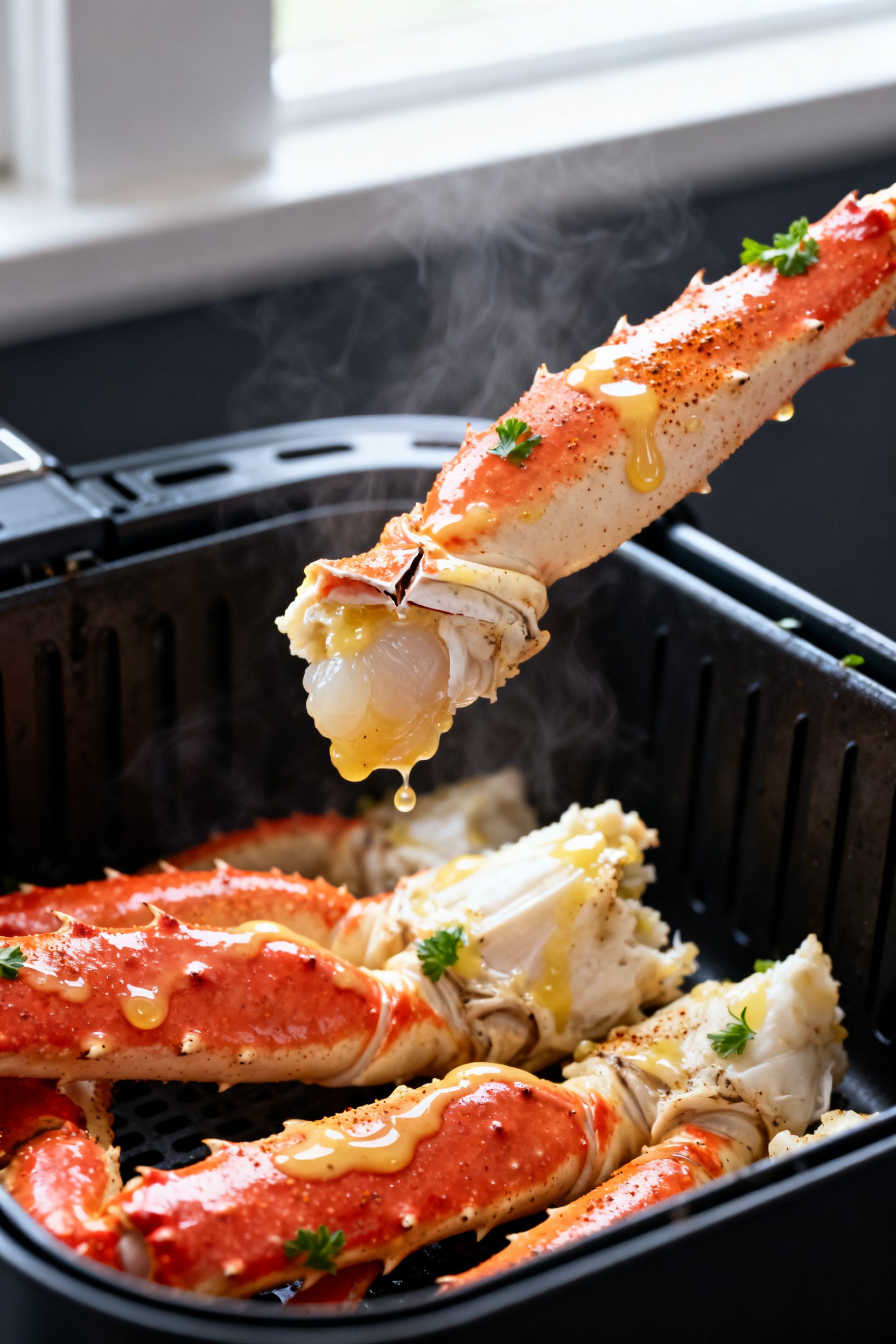 Close-up detail: Steaming, cooked snow crab legs just flipped in an open air fryer basket at 380°F,