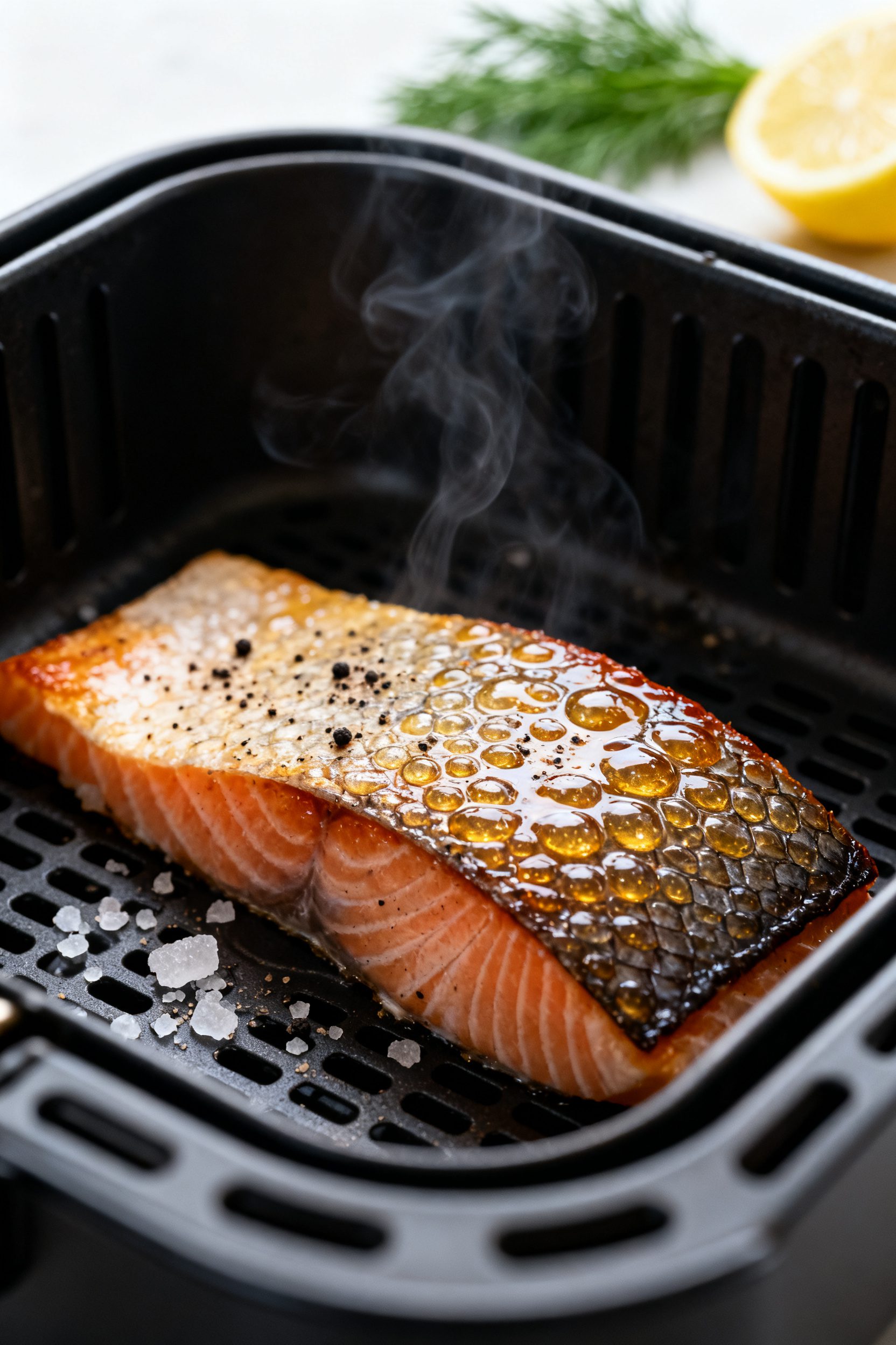 Close-up detail: Ultra close-up of air-fried salmon just out of the basket, skin-side up for the fin