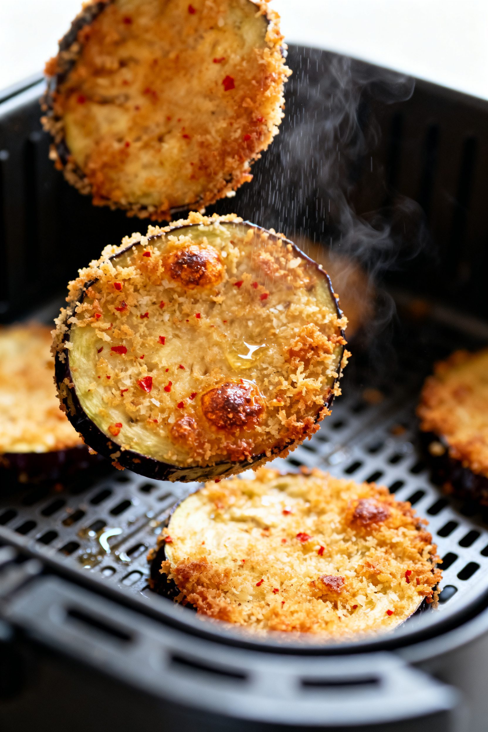 Close-up detail: Ultra-crisp air-fried eggplant round just flipped in the basket, deep golden panko-