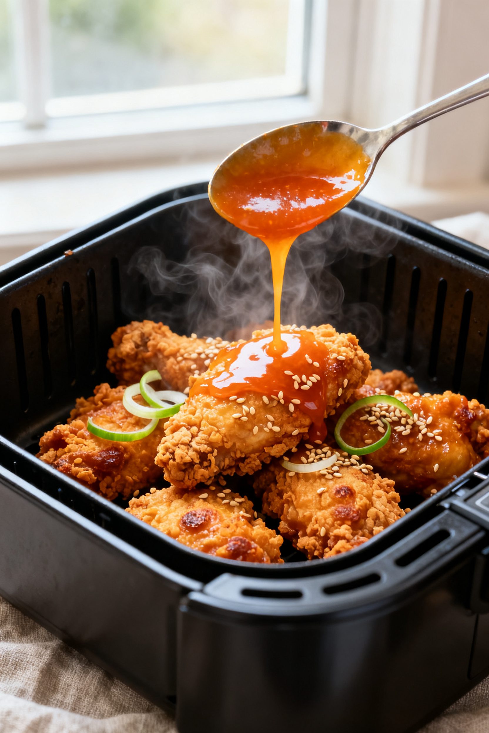 Close-up detail: Ultra-crisp air-fried orange chicken just out of the basket, golden-brown breading 