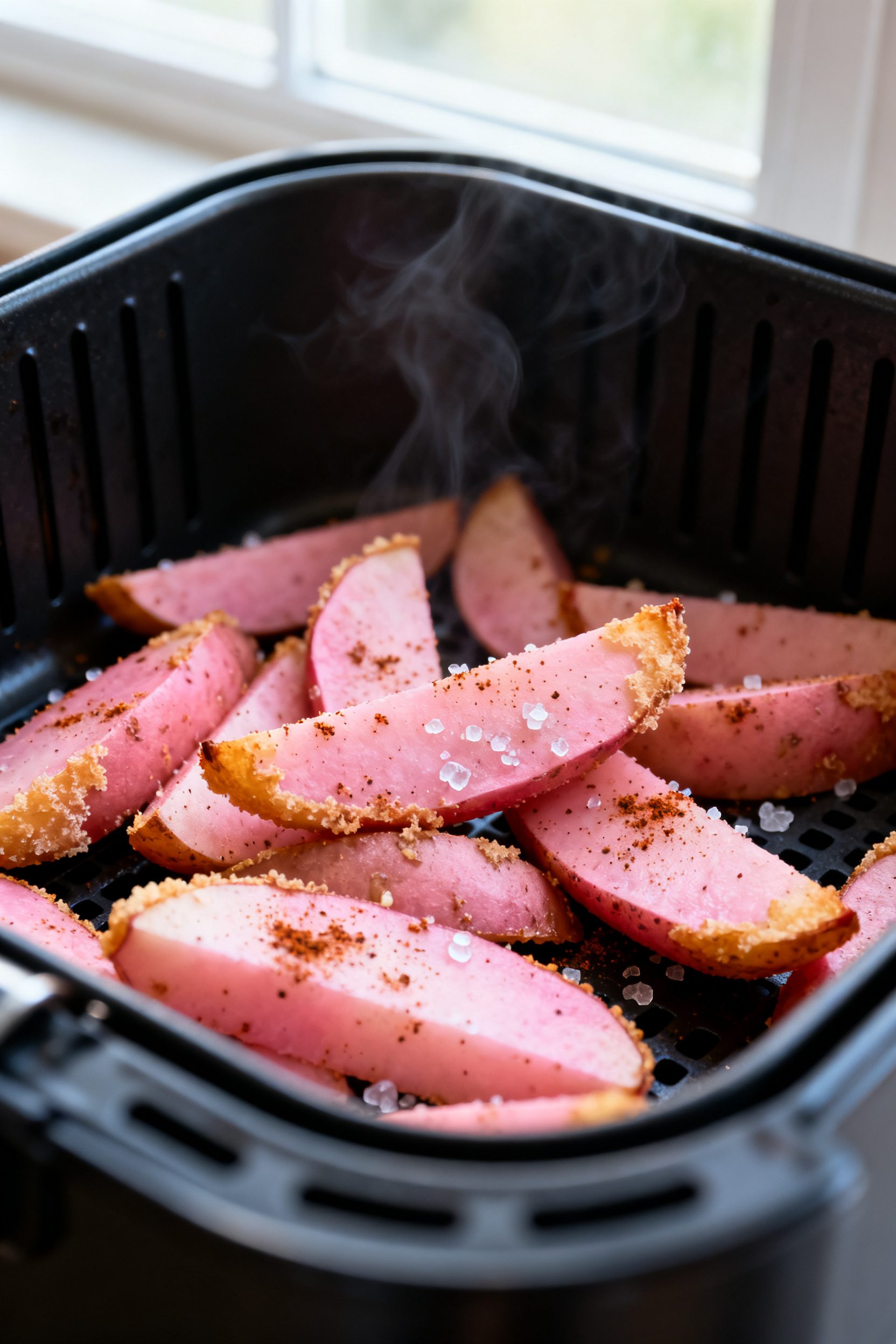 Close-up detail: Ultra-crisp air-fried pink potato wedges just out of the basket, edges golden with 