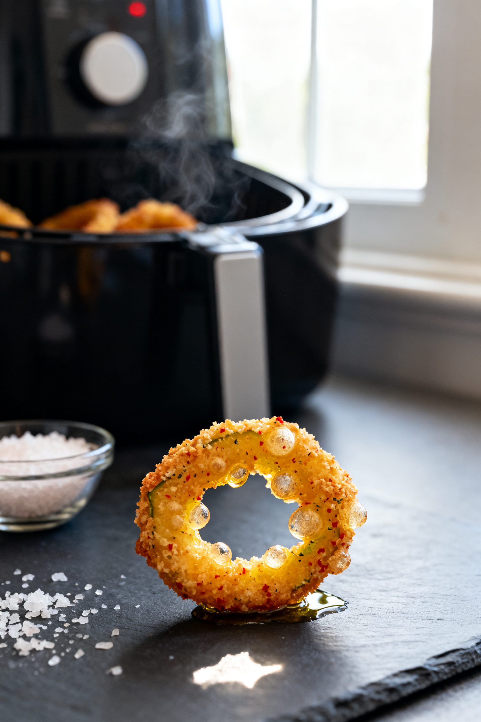 Close-up detail: Ultra-crispy air-fried banana pepper rings just out of the basket, golden panko-Par