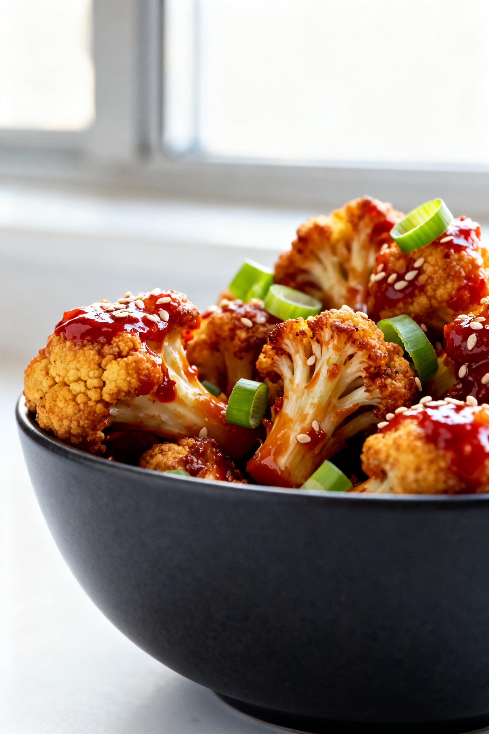 Close-up detail: Ultra-crispy air-fried cauliflower florets just tossed in glossy gochujang glaze, h