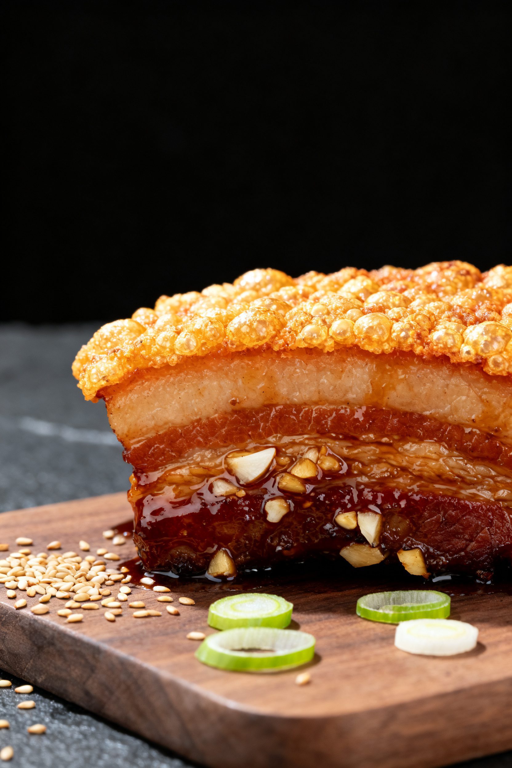 Close-up detail: Ultra-crispy air-fried pork belly skin, golden and blistered with bubbly crackling,
