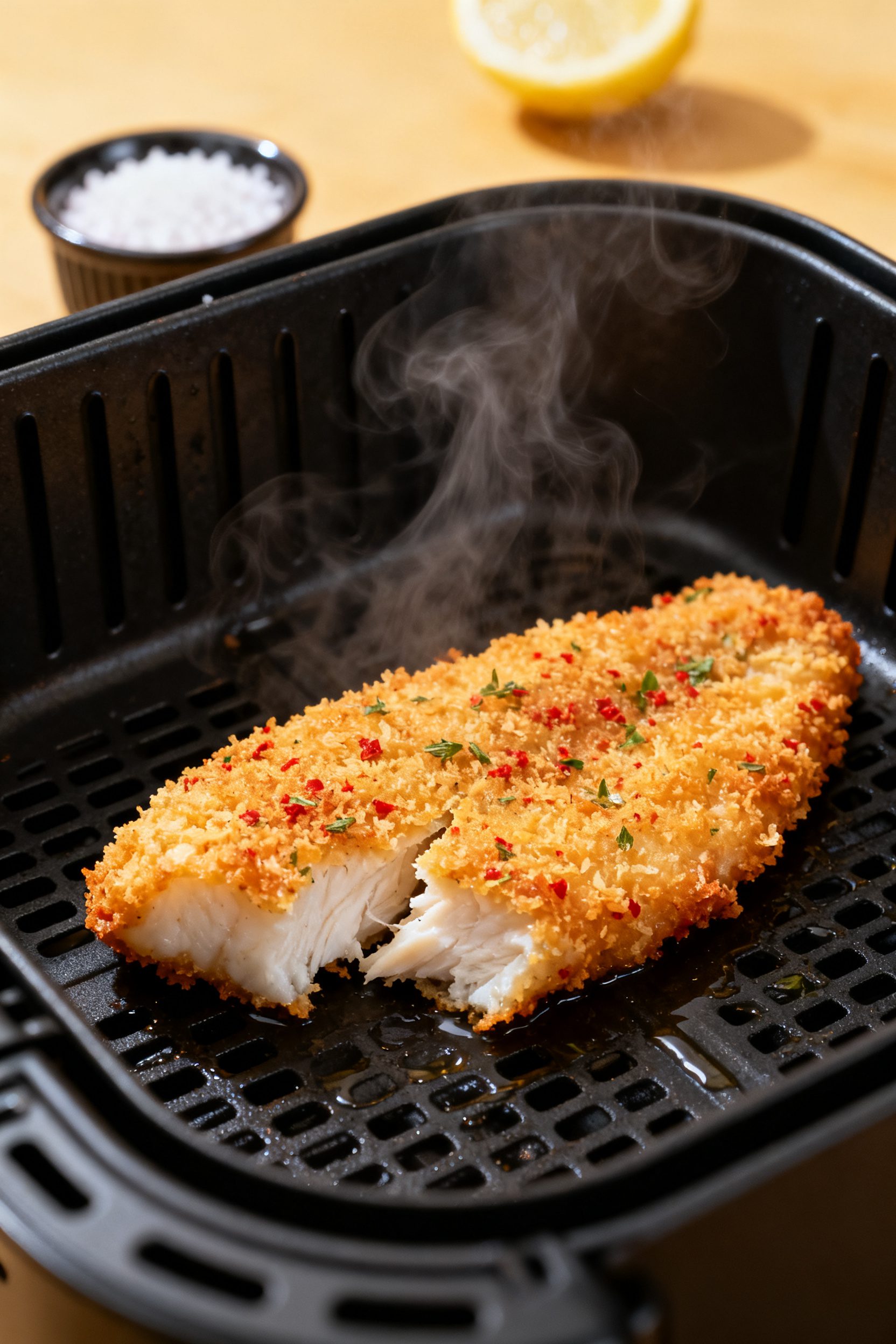 Close-up detail: Ultra-crispy air-fried white fish fillet just out of the basket at 400°F, golden p