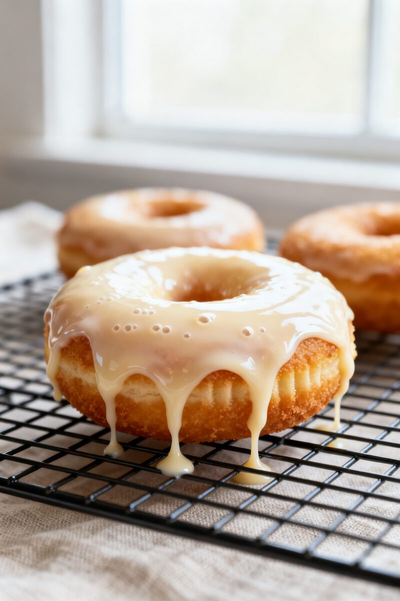 Close-up detail: Warm air-fried glazed donut just dipped, glaze still glossy and dripping in thin ri
