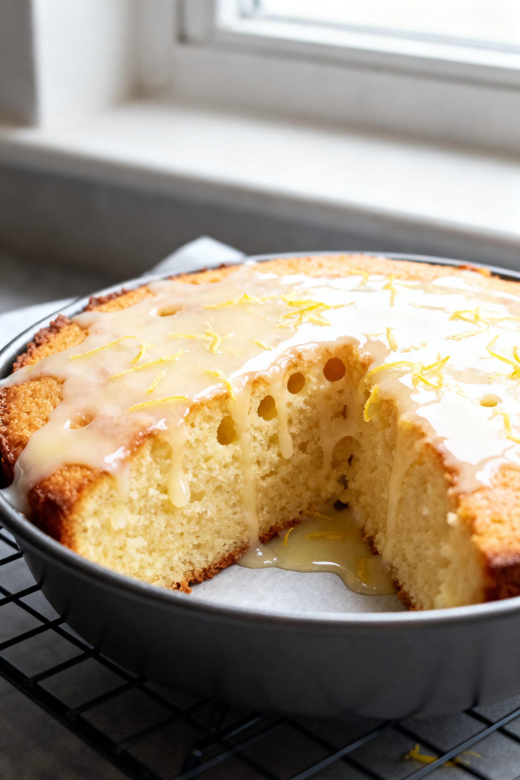Close-up detail: Warm air-fried lemon drizzle cake just out of the 6–7 inch round pan, golden edge