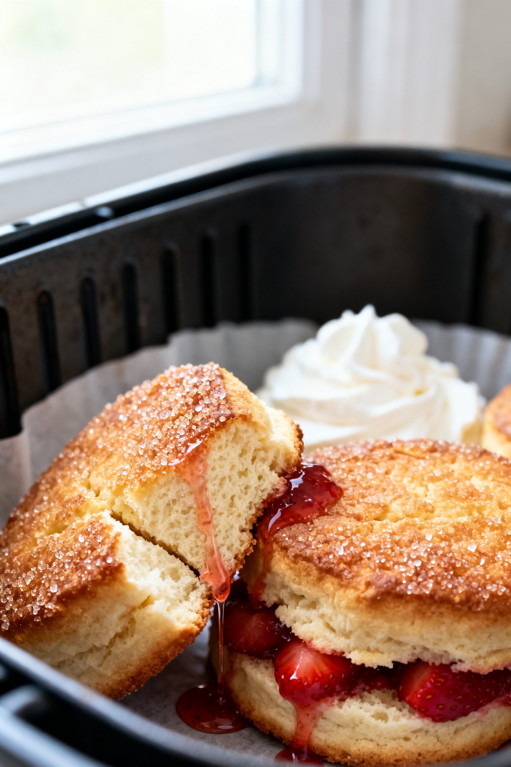 Close-up detail: Warm air-fried shortcakes just out of the basket, tops deeply golden with a glitter