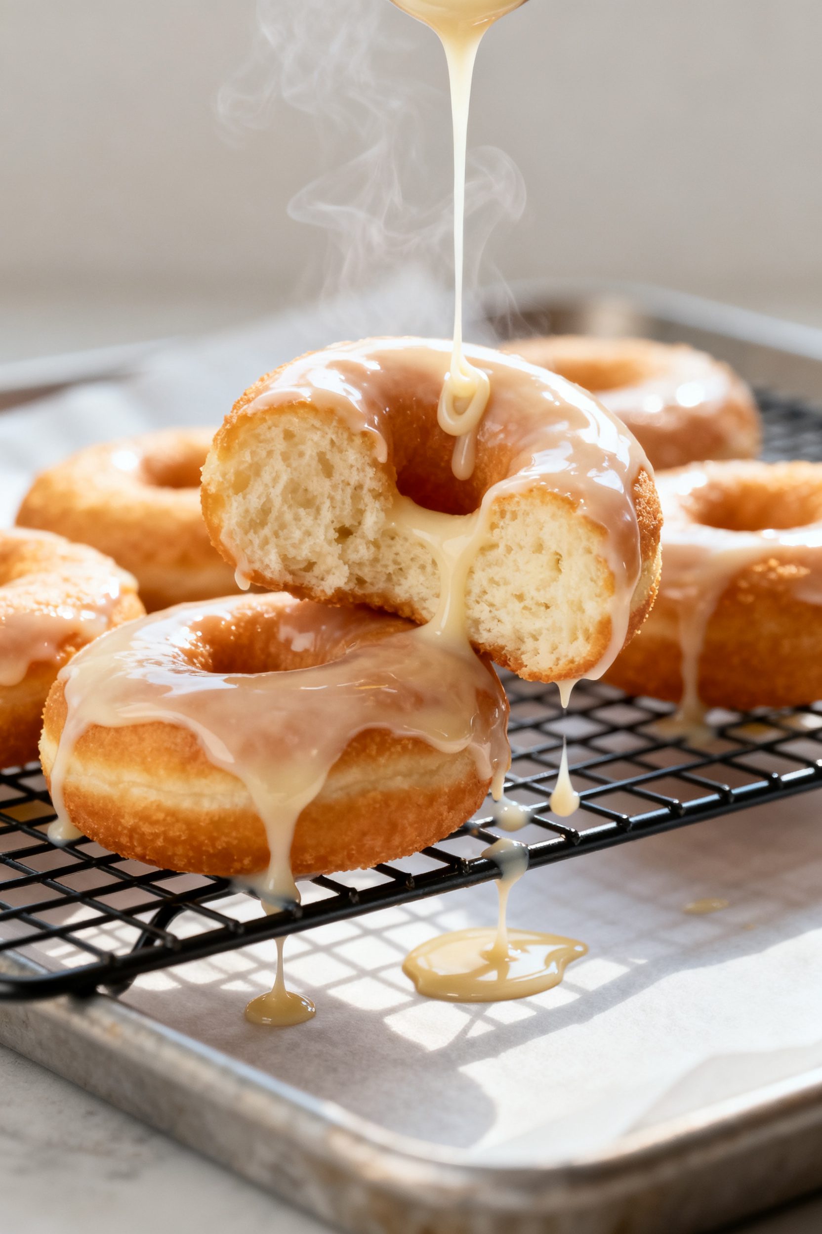 Close-up detail: Warm, freshly air-fried yeast donuts being dipped and double-dipped into a glossy v
