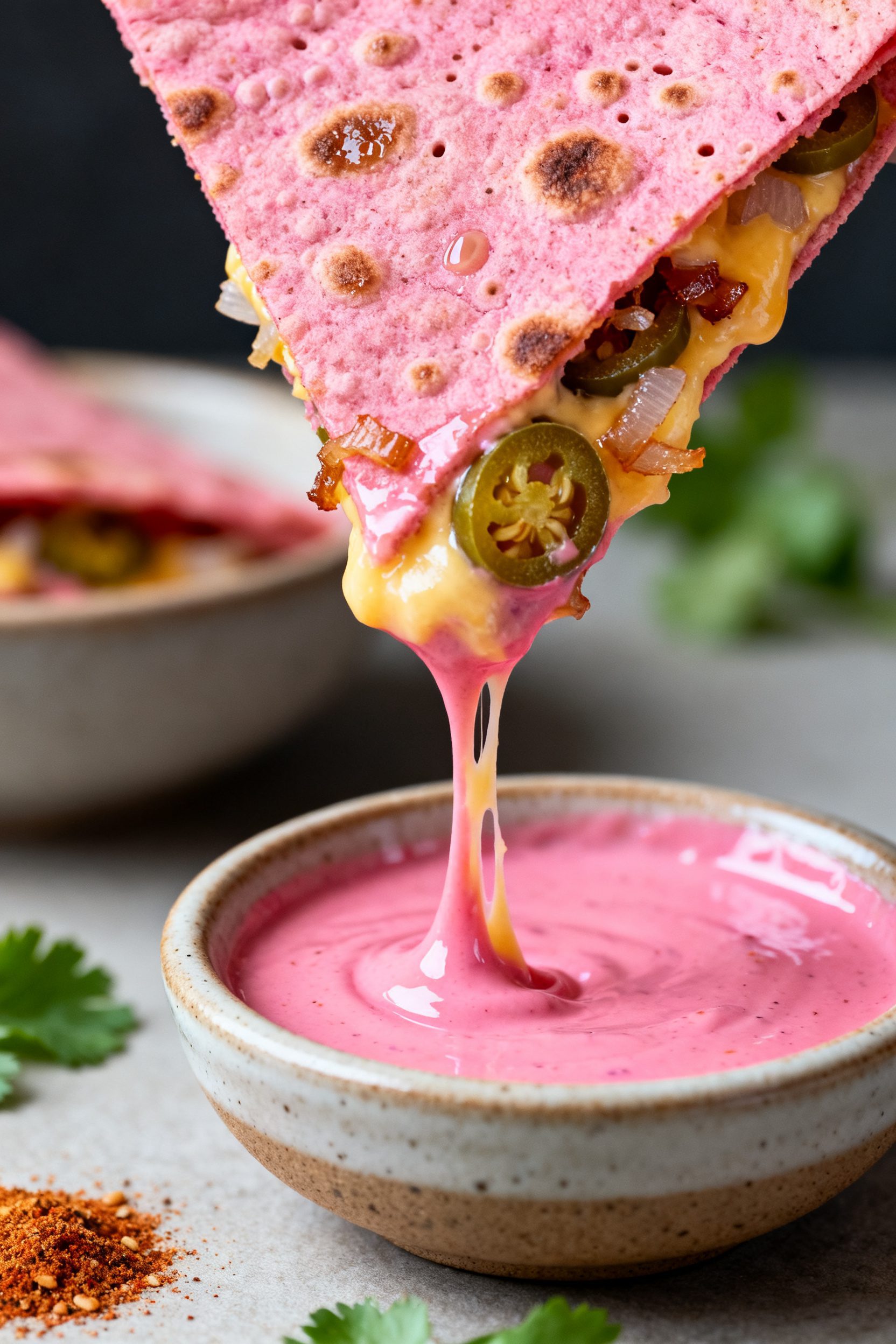 Close-up final presentation: Extreme close-up of a single pink quesadilla wedge being dipped into gl