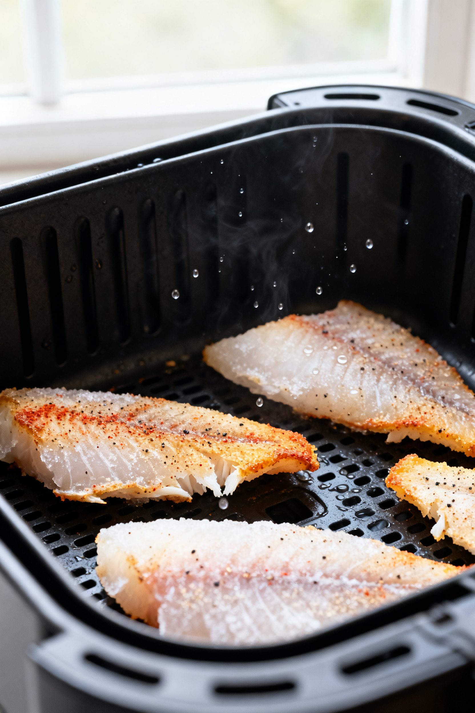 Close-up process shot: Frozen tilapia mid-cook in a preheated air fryer basket at 390°F, fillets ju