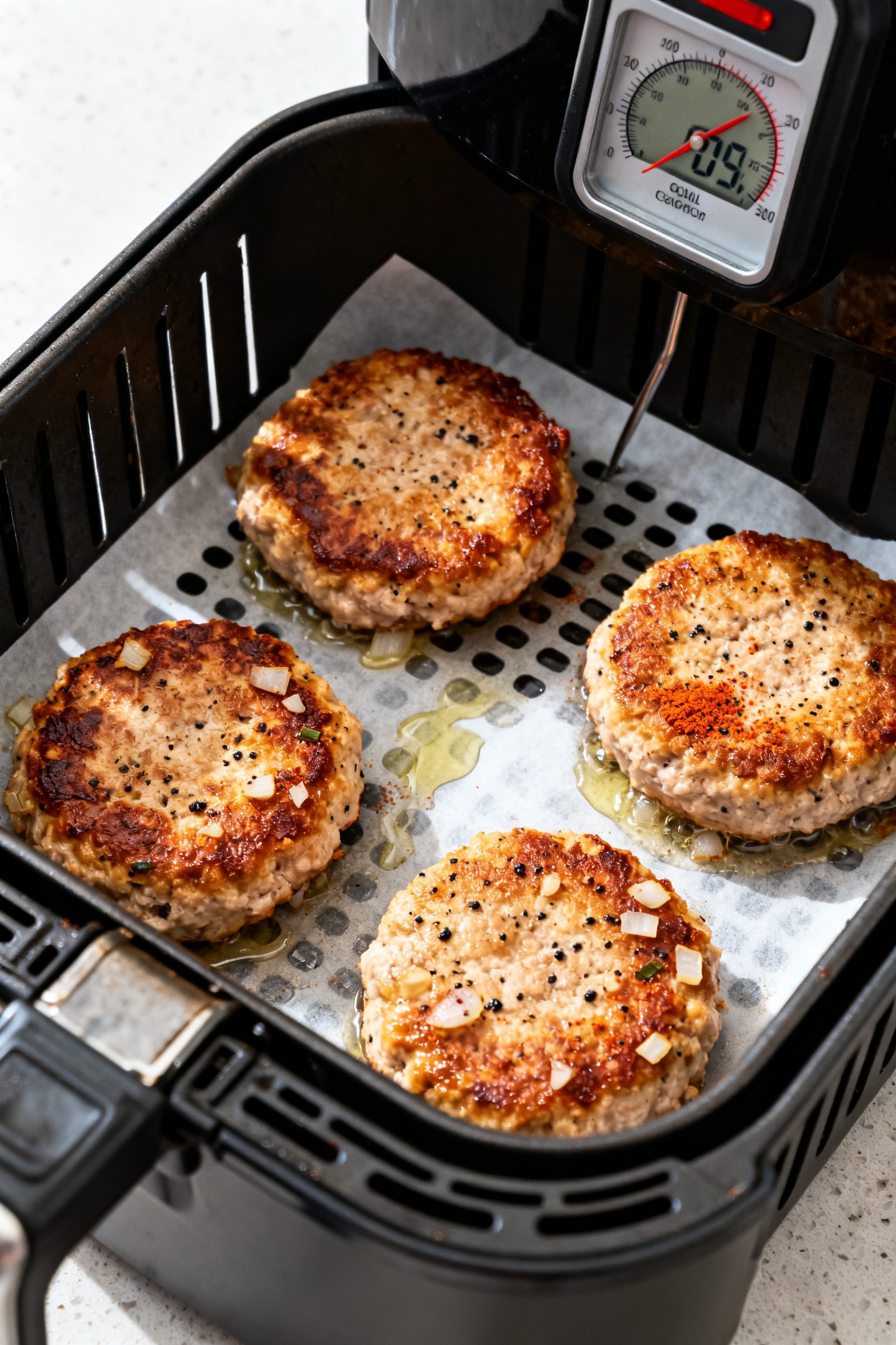 Close-up process shot: Golden-brown turkey patties sizzling in an open air fryer basket at 375°F, f