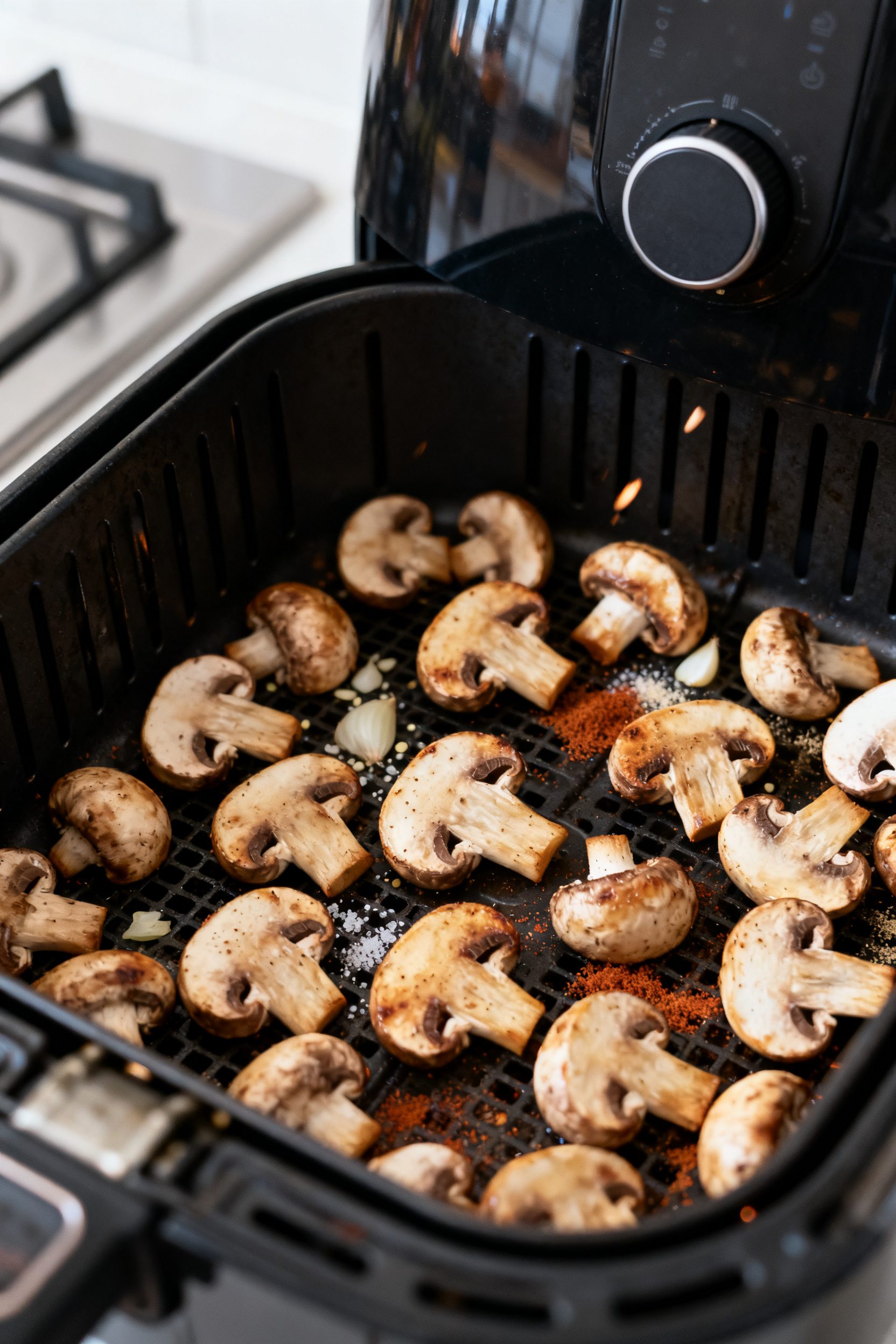 Cooking process action: Mushrooms in a single layer inside an open air fryer basket mid-cook, showin