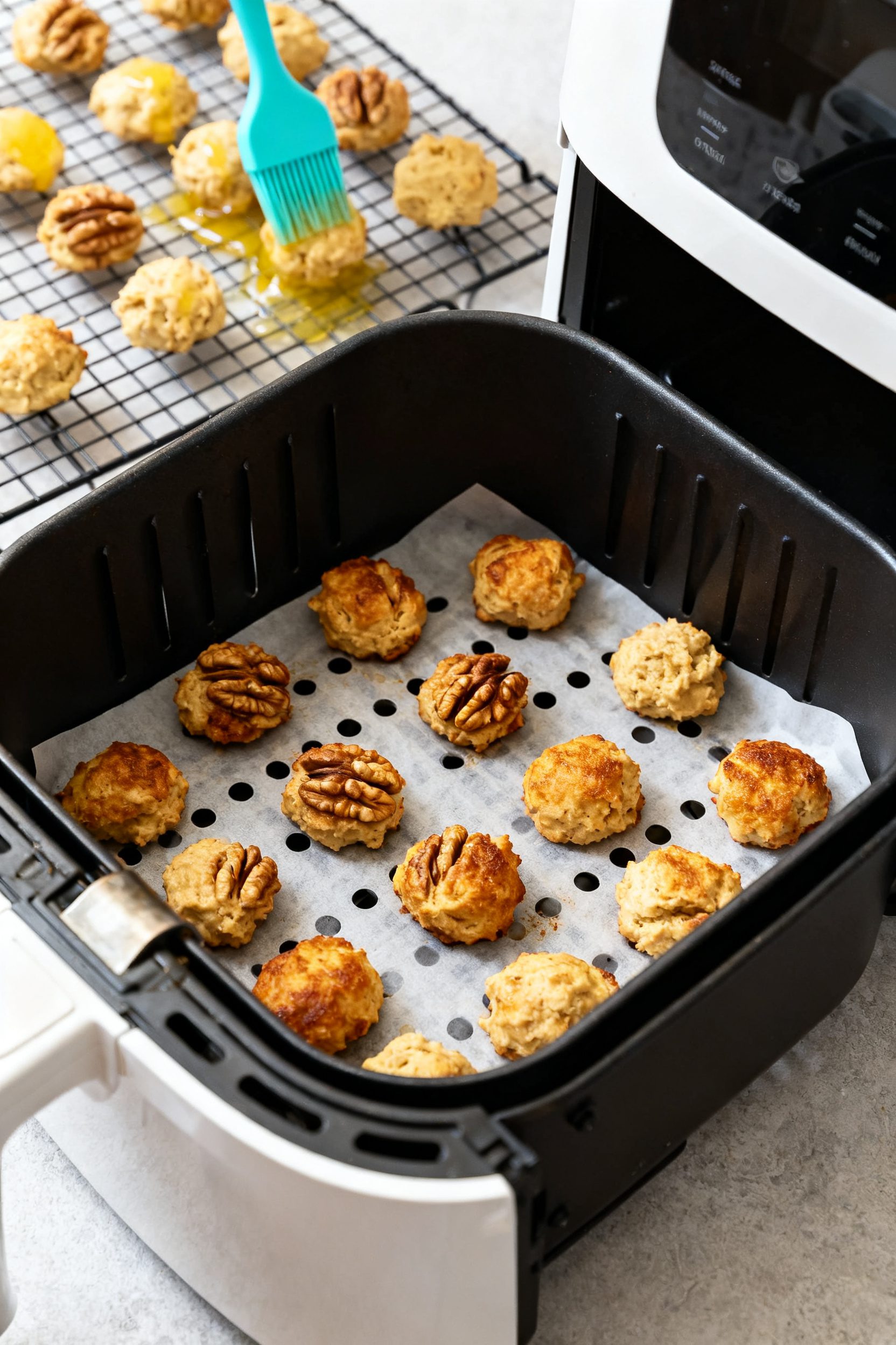 Cooking process action shot: air fryer basket open with evenly spaced, walnut-sized mounds of batter