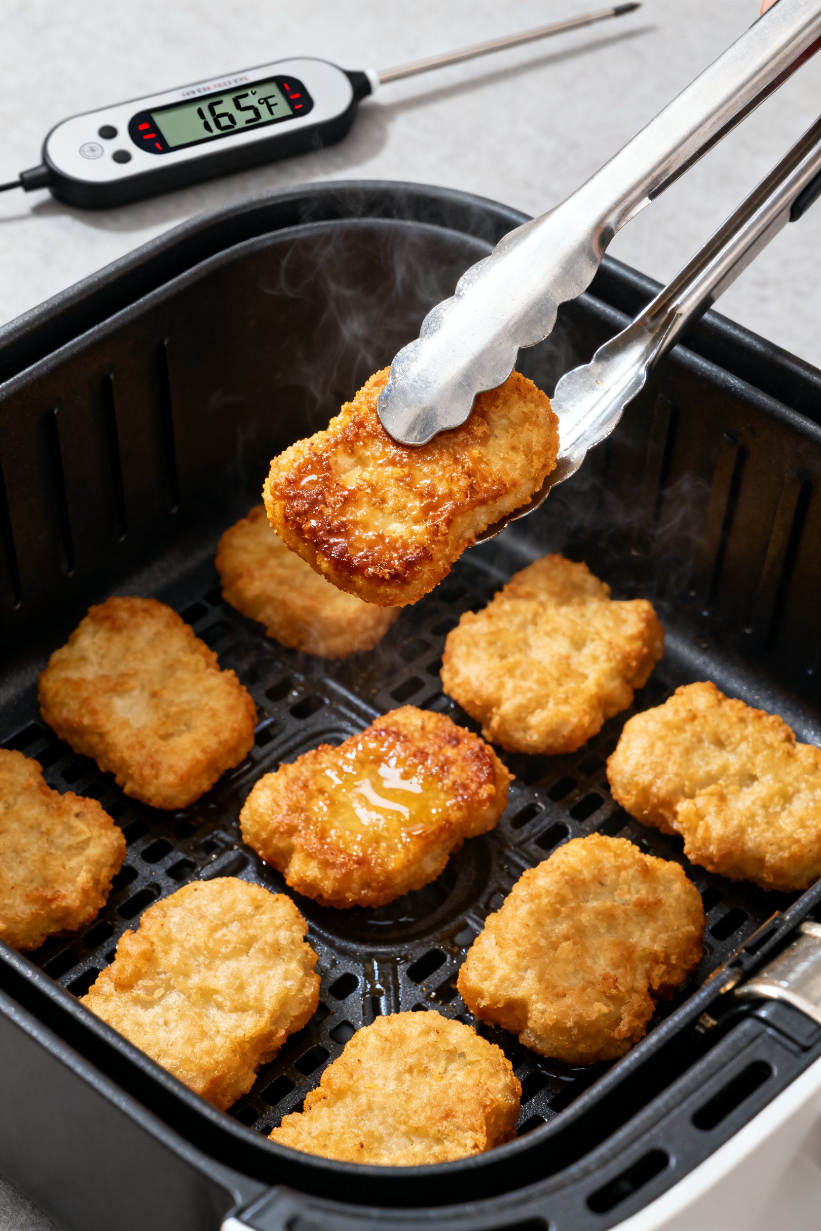Cooking process action shot inside an air fryer basket: golden-brown nuggets arranged in a single la
