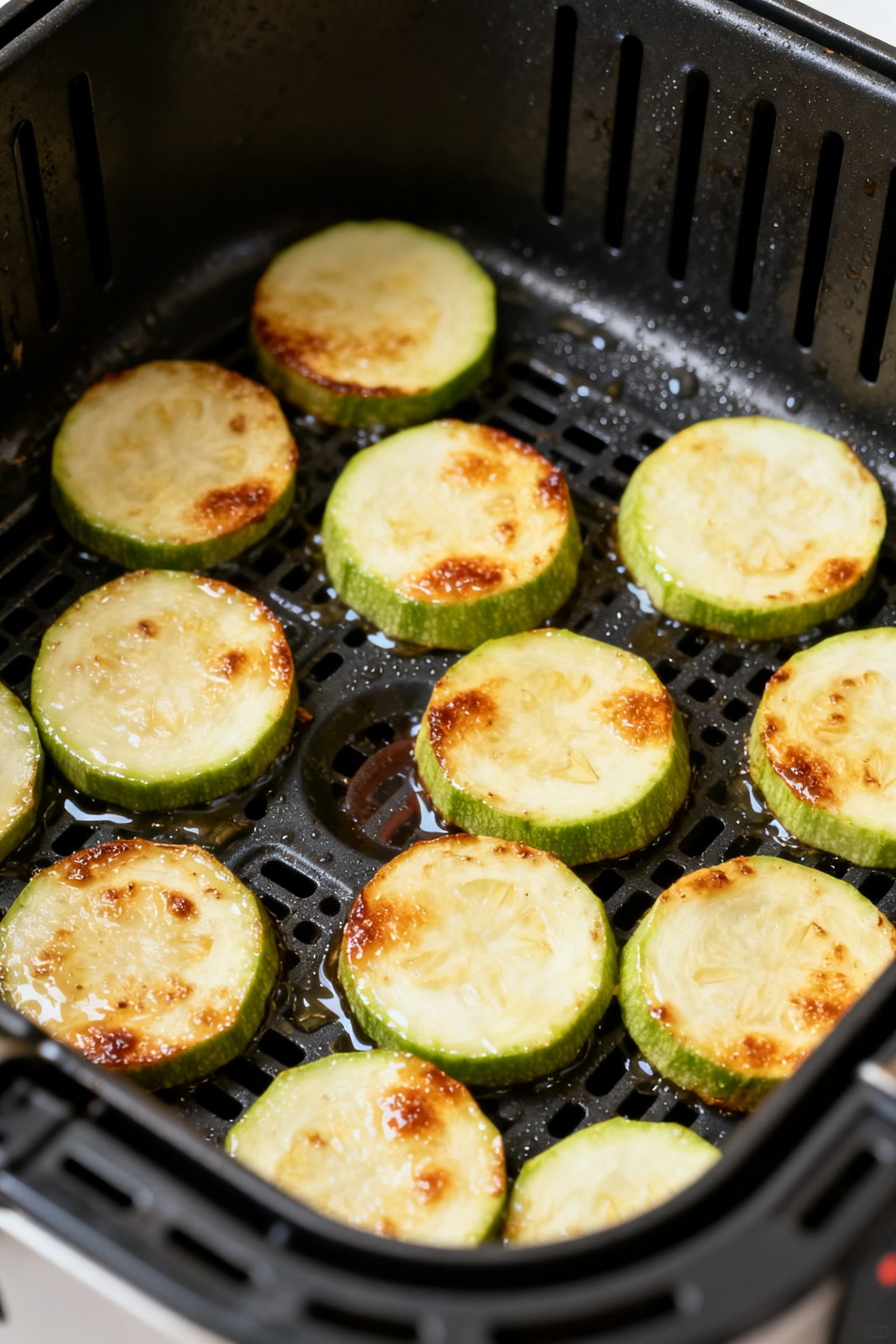 Cooking process: Action shot inside the air fryer basket at midpoint, slices being shaken/flipped to