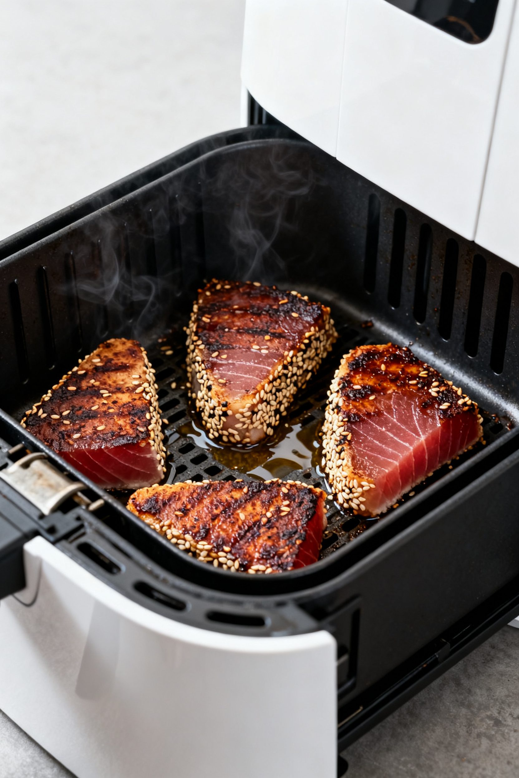 Cooking process: Ahi tuna steaks mid-cook in an air fryer basket at 400°F, sesame-crusted surfaces 