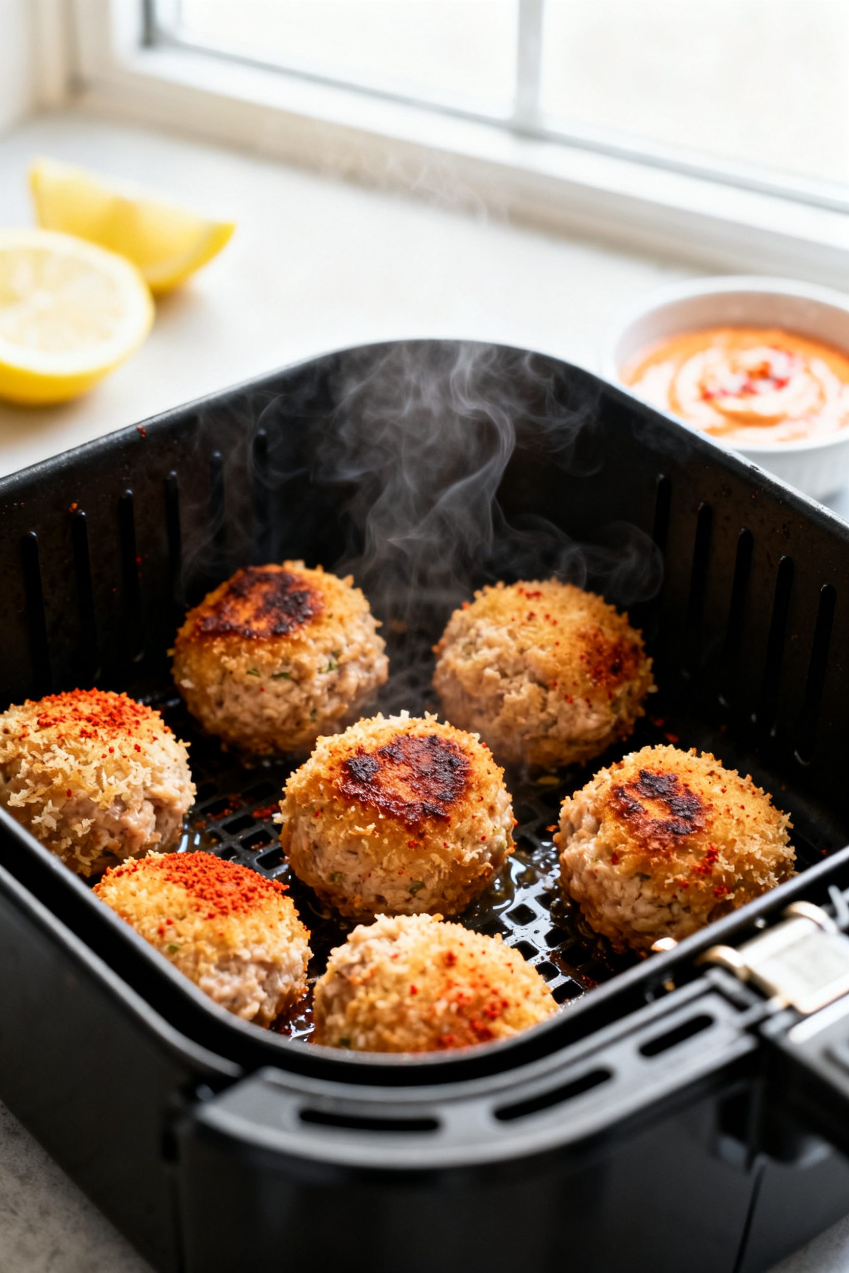 Cooking process, air fryer action: Close-up of golden-browning tuna balls mid-cook in an open air fr