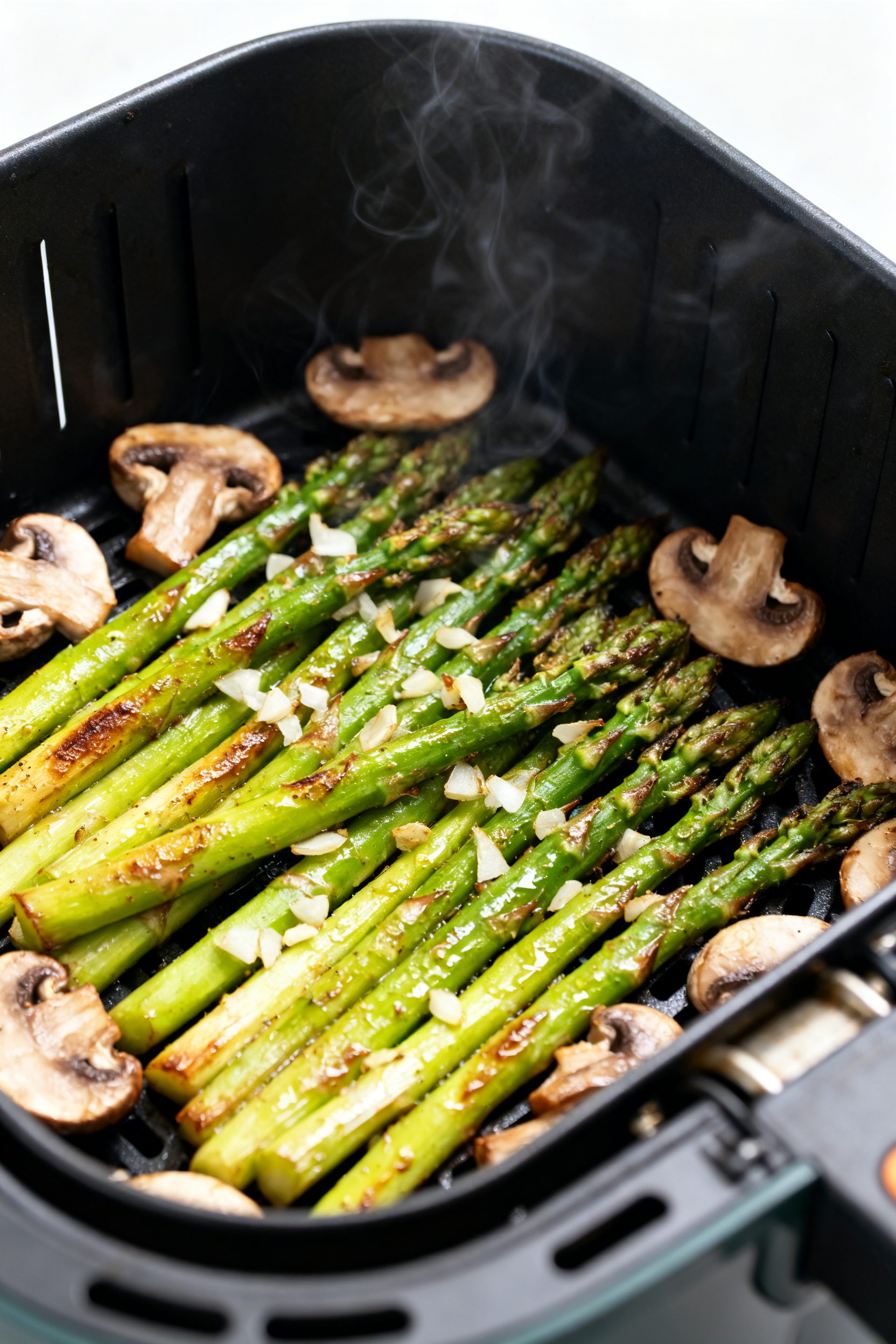 Cooking process: Air Fryer Asparagus and Mushrooms mid-cook in a preheated air fryer basket at 390°