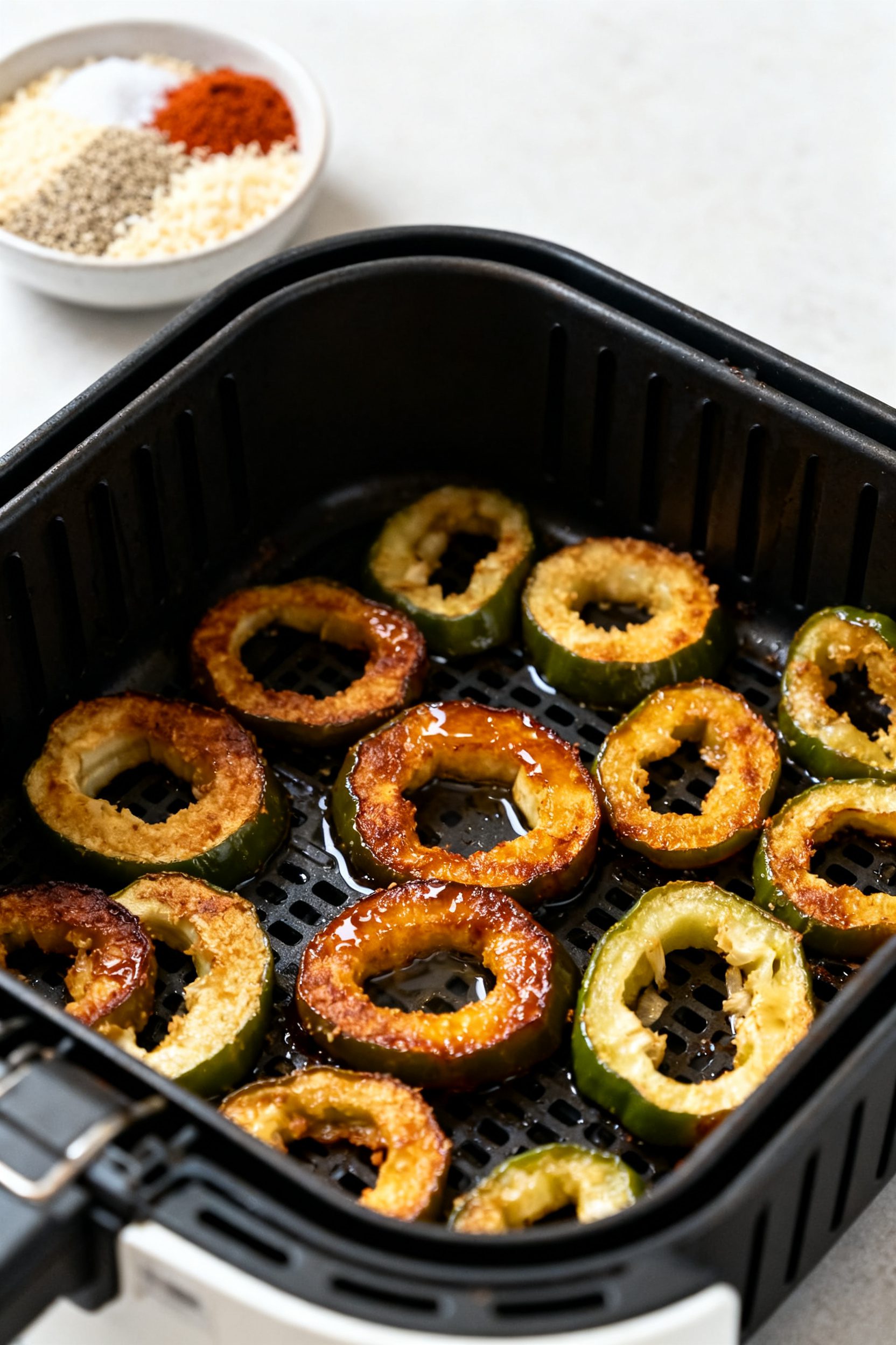 Cooking process: Air fryer banana pepper rings arranged in a single, uncrowded layer in a preheated