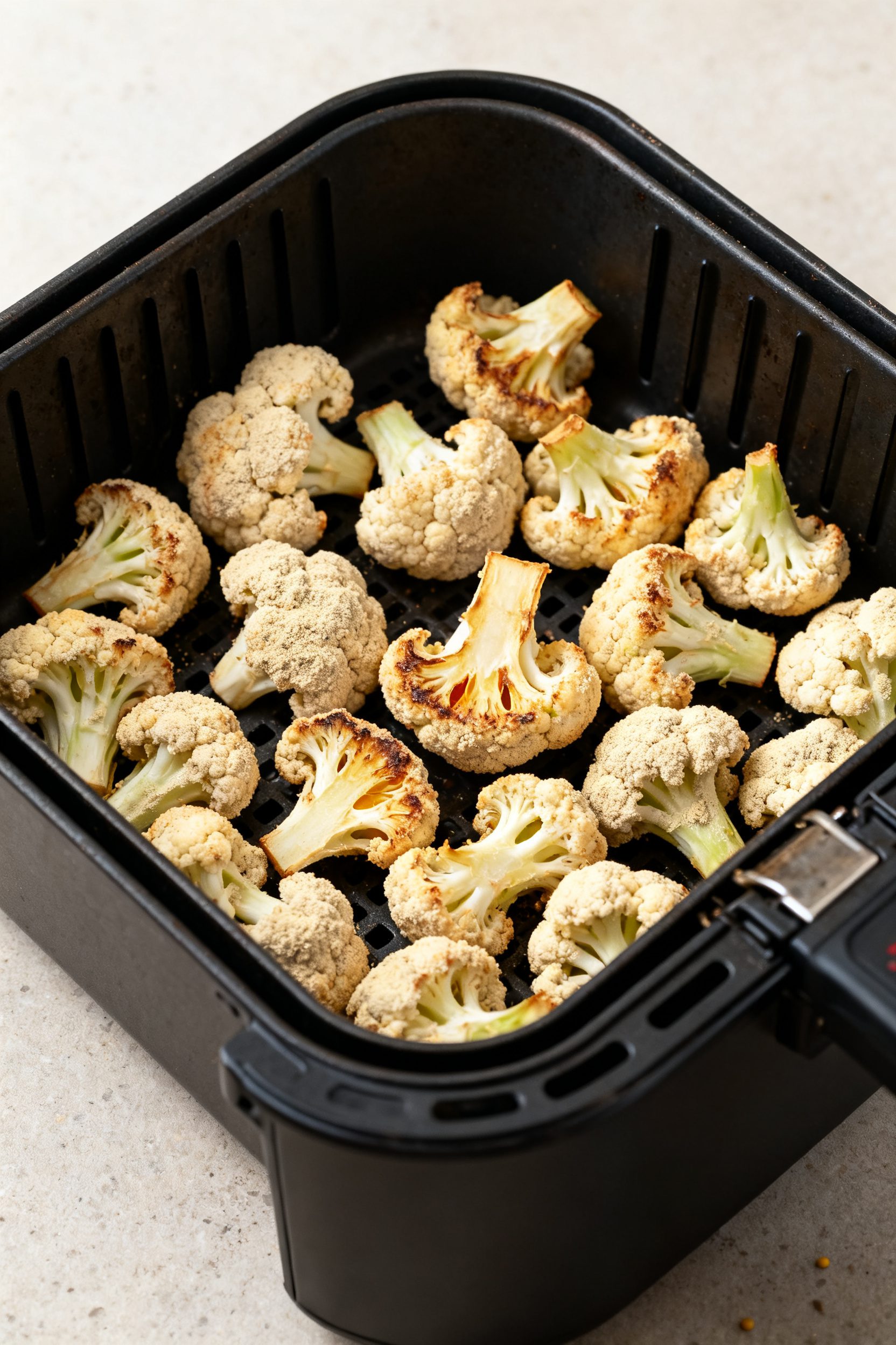 Cooking process: Air fryer basket arranged in a single layer of coated cauliflower florets mid-cook 